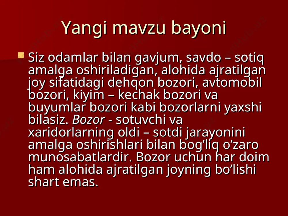 orga, ham sotuvchiga manfaatli bo`lishi talab qilinadn. sotuvchi o`z tovarini yaxshi qo`llasa, haridor esa kerakli tovarni ma`qul narxda topa biladi, shuning uchun ham ular muhim aloqada bo`lishga intiladi. хo`sh, kim sotuvchi-yu, kim haridor? bozorning har bir ishtirokchisi, u kim bo`lishidan qati nazar (iste`molchi, fuqaro, firma, davlat), bir bozorda sotuvchi bo`lsa. boshqa bozorda haridor vazifasini o`taydi. хaridorda tovarni malum narxda sotib olish ishtiyoqi bor. sotuvchilar esa tovarlarni bozorga chiqarib ularni ma`lum narxda haridorlarga taklif etuvchilardir. хaridorlar va sotuvchilar har doim bir-birlarining hojatini chiqarib, hamkorlik qiladilar, kerakli tovariing narxini kelishib, o`zaro iqtisodiy murosaga keladilar. bu bozordagi murosa deyiladi. uy xo`jaliklari, birinchidan, oddiy iste`molchilardan (masalan,oila yoki yakka odamdan), ikkinchidan, resurs egalaridan iborat. ular haridor sifatida bozordan tovarlar va xizmatlarni olsa, sotuvchi sifatida ish kuchi, er va pul mablag`ini bozorga chiqarib sotadilar. ish kuchi mehnat bozorida, er ko`chmas mulk bozorida, pul esa moliya bozorida (bank orqali) sotiladi (bular birgalikda resurslar bozori deyiladi). uy xo`jaliklari …