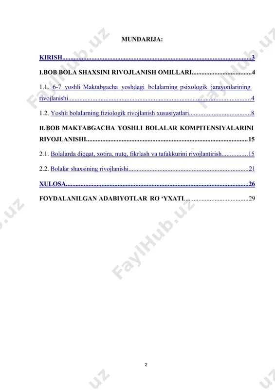 aqida boshlang'ich bilim va tushunchalar beradi, ularga madaniy axloq, o'z tengdoshlari va kattalar bilan madaniyatli manosabatda bo'lish odatlarini singdiradi, yaxshilik, haqiqatgo'ylik, adolat, jasurlik, kamtarinlik, kattalarga hurmat bilan qarash, tabiatga qiziqish, kuzatuvchanlik, o'simlik va hay vonlarga g'amxo'rlik bilan qarash, mehnatsevarlik, kattalar mehnati natijalarini asrab-avaylash kabi axloqiy sifatlar tarbiyalaydi. yuqoridagilarni hisobga olgan holda kurs ishining dolzarbligi asoslandi. maktabgacha ta'limning maqsad va vazifalari. davlat talablarida maktabgacha ta'lim-tarbiyaning mazmuni. bolalarni maktabga tayyorlash fanining boshqa fanlar bilan aloqasi. maktabgacha ta'lim muassasasida ta'lim- tarbiya ishini davr talabi ekanligi. maktabgacha ta'lim muassasasida bolalarni rivojlantirish bosqichlari. maktabgacha ta'lim muassasasida davlat talablari asosida bolalarni maktabga tayyorlash. maktabga tayyor bolaga qo'yiladigan davlat talablari. «ta'lim to'g'risida»gi qonun va «kadrlar tayyorlash milliy dasturi»da maktabgacha ta'lim. maktabgacha ta'lim to'g'risidagi nizomda maktabgacha ta'lim vazifalari. maktabgacha ta'limni tashkil etish va maktabgacha ta'lim turiga pedagogik kadrlarni tayyorlash masalalari. maktabgacha tarbiya konsepsiyasi mazmuni. maktabgacha yoshdagi bolalarning ma'naviy etukligiga qo'yiladigan davlat talablari. maktabgacha yoshdagi bolalarning ma'naviy jixatdan etukligiga …
