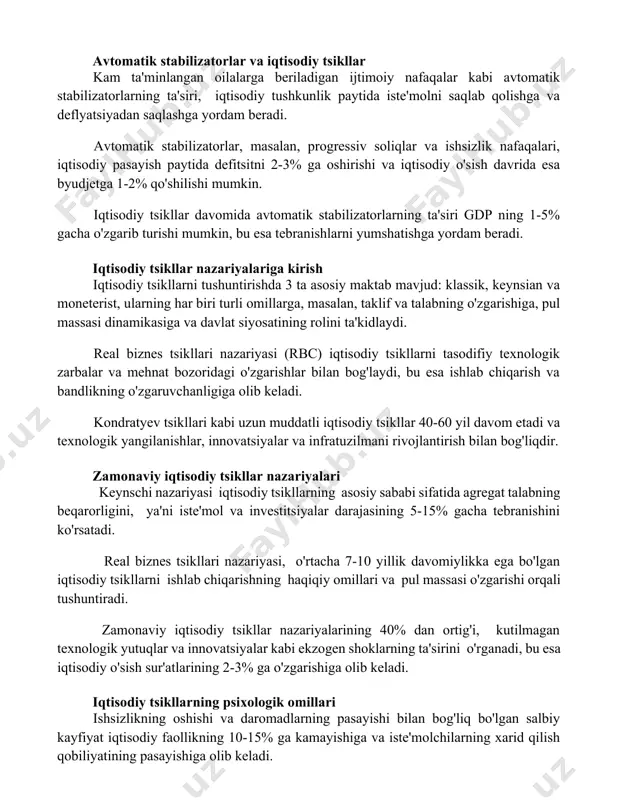 lizatorlar va iqtisodiy tsikllar kam ta'minlangan oilalarga beriladigan ijtimoiy nafaqalar kabi avtomatik stabilizatorlarning ta'siri, iqtisodiy tushkunlik paytida iste'molni saqlab qolishga va deflyatsiyadan saqlashga yordam beradi. avtomatik stabilizatorlar, masalan, progressiv soliqlar va ishsizlik nafaqalari, iqtisodiy pasayish paytida defitsitni 2-3% ga oshirishi va iqtisodiy o'sish davrida esa byudjetga 1-2% qo'shilishi mumkin. iqtisodiy tsikllar davomida avtomatik stabilizatorlarning ta'siri gdp ning 1-5% gacha o'zgarib turishi mumkin, bu esa tebranishlarni yumshatishga yordam beradi. iqtisodiy tsikllar nazariyalariga kirish iqtisodiy tsikllarni tushuntirishda 3 ta asosiy maktab mavjud: klassik, keynsian va moneterist, ularning har biri turli omillarga, masalan, taklif va talabning o'zgarishiga, pul massasi dinamikasiga va davlat siyosatining rolini ta'kidlaydi. real biznes tsikllari nazariyasi (rbc) iqtisodiy tsikllarni tasodifiy texnologik zarbalar va mehnat bozoridagi o'zgarishlar bilan bog'laydi, bu esa ishlab chiqarish va bandlikning o'zgaruvchanligiga olib keladi. kondratyev tsikllari kabi uzun muddatli iqtisodiy tsikllar 40-60 yil davom etadi va texnologik yangilanishlar, innovatsiyalar va infratuzilmani rivojlantirish bilan bog'liqdir. zamonaviy iqtisodiy tsikllar …