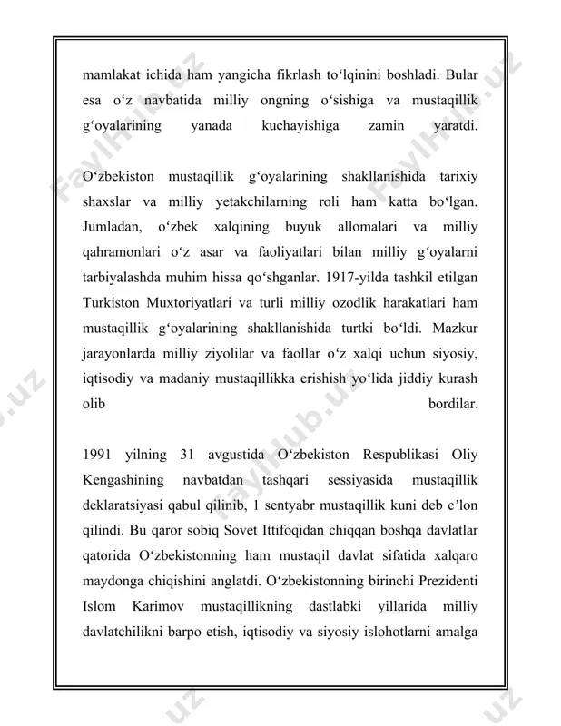 illiy suverenitet va boshqa tamoyillar mustahkamlab qo‘yilgan. 1993-yilda, oʻzbekiston o'zining milliy valyutasi — so'mni muomalaga kiritdi. bu iqtisodiy mustaqillik yoʻlida qoʻyilgan muhim qadam edi. 1990-yillardan boshlab, oʻzbekiston mustaqillik harakatining muhim voqealari jahon hamjamiyatida keng e'tirof etildi. davlat taraqqiyoti uchun qator ijtimoiy-iqtisodiy va siyosiy islohotlar amalga oshirildi. jumladan, sanoat, qishloq xo'jaligi, ta'lim va sog'liqni saqlash sohalarida tub o'zgarishlar amalga oshirildi. mustaqillik davrida, oʻzbekistonning tashqi siyosiy aloqalari kengaytirildi. davlatlararo diplomatik va iqtisodiy munosabatlarni rivojlantirish orqali o'zbekiston o'zining xalqaro maydondagi mavqeini mustahkamladi. 2000-yillarga kelib, oʻzbekiston umumjahon savdo tashkiloti (wto)ga aʼzo boʻlish jarayoniga kirishdi. umuman olganda, o'zbekiston mustaqillik harakati tarixiy jarayon sifatida milliy ong va davlat mustaqilligini shakllantirishda muhim rol o'ynadi. bu jarayon xalqning birligi va davlatning suverenligini ta'minlashda muhim qadamlar qo'yilishiga sabab bo'ldi. yillar davomida o'z rivojlanish yo'lini tanlagan o'zbekiston, bugungi kunda mustaqil va suveren davlatchilik asoslarini mustahkamlay olgan jamiyat sifatida namoyon bo'lmoqda. 3. jadidchilik harakati va mustaqillik jadidchilik harakati oʻzbekiston va butun …