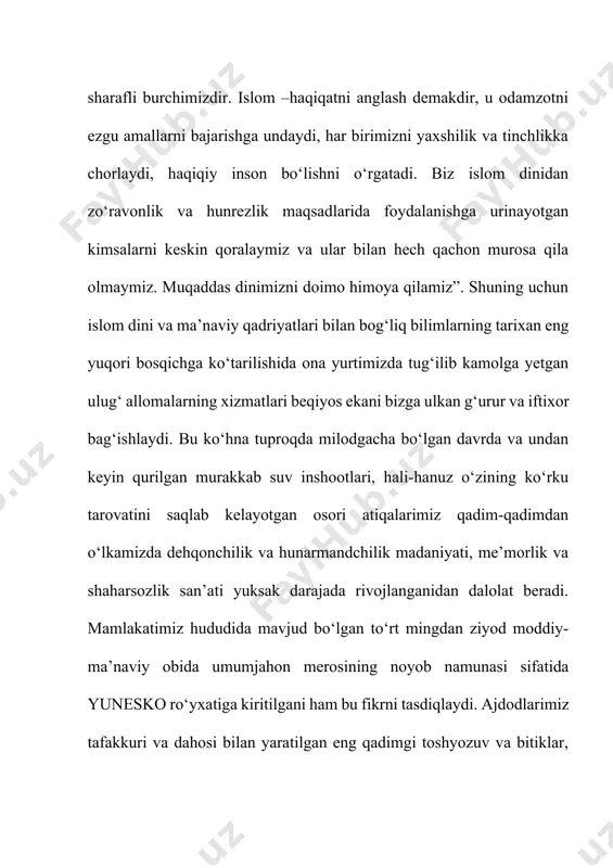 oluvchi madaniy meros; uchinchi guruh xalqimizga xos an’analar, urf-odatlar, marosimlar, bayramlar, turmush tarzi bilan bog‘liq boshqa madaniy omillar; to‘rtinchi guruh xalq qadriyatlari, tafakkur tarzi, mafkurasi, xalqqa xos ma’naviy xususiyatlar, g‘oyalar, ruhiyat va o‘zaro ijtimoiy munosabatlar; beshinchi guruh hozirgi jamiyatimizda bevosita amaliy faoliyat yuritayotgan, inson tarbiyasida katta ta’sirga ega, umuman, ma’naviy dunyoqarash shakllanishida bosh rol o‘ynaydigan ta’lim-tarbiya maskanlari, oav, kutubxona, teatr, san’at saroylari va shu kabi boshqa ma’naviy ta’lim vositalarini o‘z ichiga oladi. milliy ma’naviyatimizda xalq og‘zaki ijodi muhim o‘rin tutib, u millatimizning o‘zligini namoyon etadigan, uni avlodlardan avlodlarga o‘tkazib, tarix to‘fonlaridan, hayot-mamot sinovlaridan omon chiqarib, o‘zligini doimo saqlab kelayotgan el-yurtimizning bag‘rikenglik, matonat, olijanoblik, vafo va sadoqat kabi ezgu fazilatlarini o‘zida ifoda etadi. shu o‘rinda ma’naviyatni shakllantiradigan mezonlardan biri bo‘lgan muqaddas dinimizning ahamiyati beqiyosdir. din azaldan inson ma’naviyatining tarkibiy qismi sifatida odamzodning yuksak ideallari, haq va haqiqat, insof va adolat to‘g‘risidagi orzu-armonlarini o‘zida mujassam etgan, ularni barqaror qoidalar shaklida mustahkamlab kelayotgan …