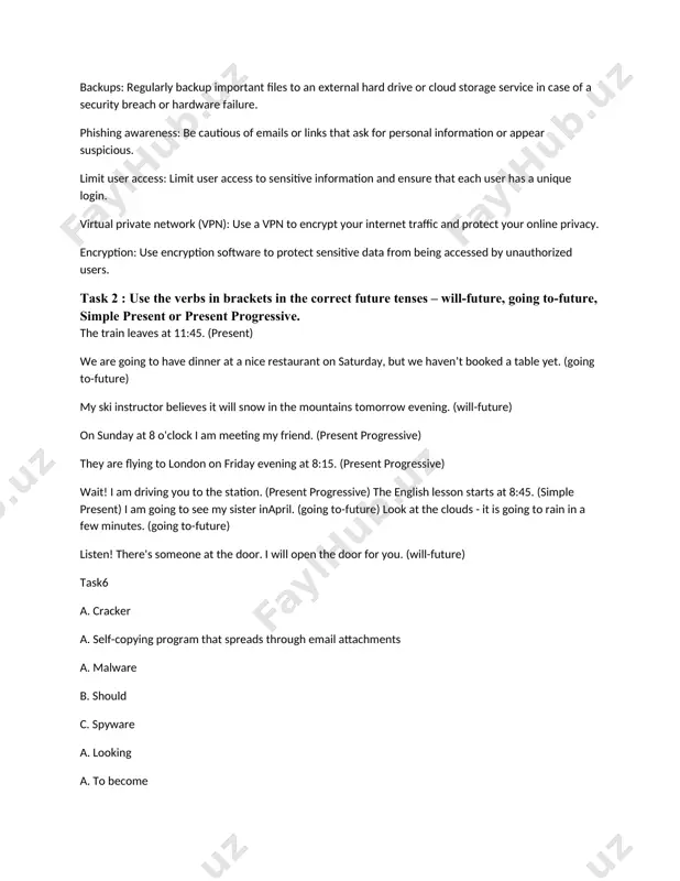 . as for password security, one should avoid using easily guessable passwords such as birthdates or the make of their car, and instead use a combination of letters, numbers, and special characters. regularly changing passwords and enabling two-factor authentication can also enhance security. to prevent data loss in the event of a hard disk crash, one should regularly backup their data to an external hard drive or cloud storage service. this also serves as a precaution in case of theft. lastly, to avoid backup tapes failing to restore properly, one should regularly test the backup and restore process to ensure that backups are reliable and up-to-date. lesson 6. health and safety. computer ergonomics. task 1. prepare a list of ( 4 ) ergonomic exercises based on your own experience. 1. shoulder rolls: sit up straight with your shoulders relaxed. roll your shoulders forward, then up, then back, and finally down …