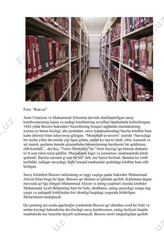 i kitoblar ham olib ketilgan. saroy kitobdori buxoro istilosining so‘nggi vaqtiga qadar hukmdor muhammad alixon bilan birga bo‘lgan. buxoro qo‘shinlari ta’qibidan qochib, kafantepa degan mavzeda qo‘lga olingan muhammad alixon va uning yaqinlari orasida kitobdor muhammad ayub behjatning ham bo‘lishi, shubhasiz, uning saroydagi xonga eng yaqin va sadoqatli kishilardan biri ekanligi haqidagi yuqorida bildirilgan fikrlarimizni tasdiqlaydi. qo‘qonning tez orada qipchoqlar yordamida buxoro qo‘shinidan ozod bo‘lishi va undan keyingi hukmdorlar davrlardagi saroy kutubxonasi, uning faoliyati haqida manbalarda ma’lumotlar deyarli uchramaydi. buxoro amiri tutqunligidan qochib chiqishga muvaffaq bo‘lgan mirzo ayubning ham keyinchalik yana kitobdorlik vazifasida faoliyat yuritganligi haqida ma’lumotlar mavjud emas. faqatgina arxiv hujjatlarida qo‘qon xoni mallaxon (1858-1862) tomonidan 1860-yil aprelida hoja kitobdor boshliq elchilarning sibir orqali peterburgga yuborilganligi va ushbu davrlarda xonlik xattotlari tomonidan ko‘chirilgan asarlar orqaligina saroy kutubxonasi bu davrlarda ham faoliyat yuritganini bilib olishimiz mumkin. lekin xonlikdagi o‘zaro ichki nizolar va buxoro amiri muzaffarning xonlik ichki ishlariga aralashib, qo‘qonga kelishi …