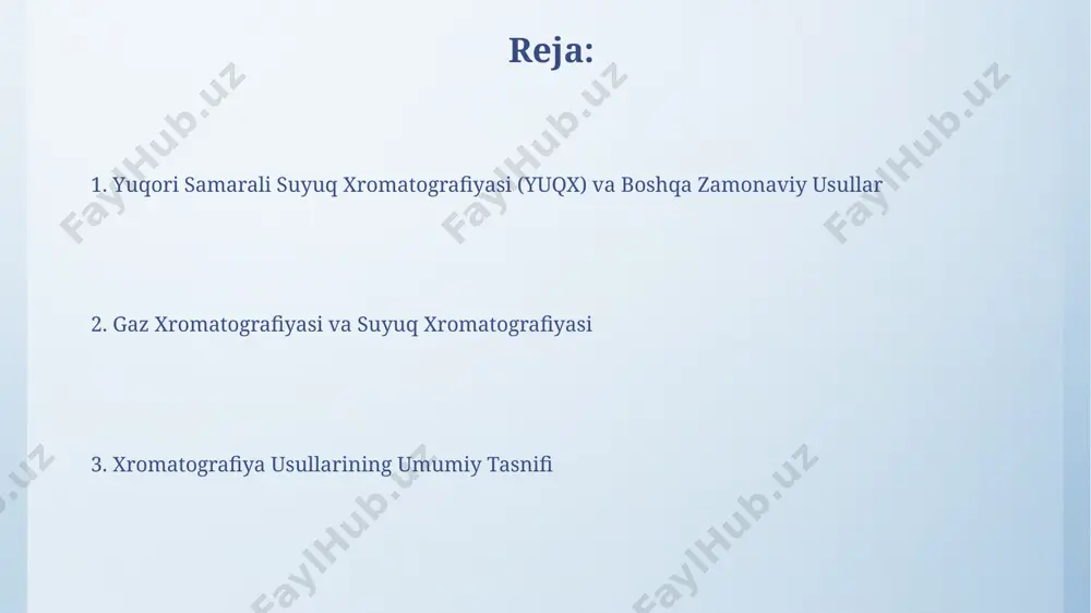 birikmalarni ajratish uchun optimallashtirilgan, masalan, petrokimyo sanoati uchun 100 metr uzunlikdagi kolonkalar qo'llaniladi. o'zaro ta'sir xromatografiyasi ushbu usulda, statsionar faza bilan analitlarning o'zaro ta'siri kuchini o'zgartirish orqali, masalan, ph ni 5 dan 7 gacha o'zgartirib, ajratish samaradorligini 30% ga oshirish mumkin. o'zaro ta'sir xromatografiyasi, aqshning milliy standartlar va texnologiyalar instituti (nist) ma'lumotlariga ko'ra, murakkab namunalarni tahlil qilishda, masalan, 50 dan ortiq komponentli efir moylarini ajratishda keng qo'llaniladi. yupqa qatlamli xromatografiya (yuqx) yuqx, odatda 0,25 mm qalinlikdagi yupqa qatlamli silikagel plitalaridan foydalanadi va bu usul arzonligi tufayli dunyo bo'ylab, jumladan o'zbekistonning kimyoviy laboratoriyalarida keng qo'llaniladi. yuqx yordamida 1 dan 10 mg gacha bo'lgan namunalarni ajratish mumkin va bu usul tarkibiy qismlarni rf qiymati (retentsiya faktori) orqali aniqlash imkonini beradi, masalan, organik birikmalarni ajratishda. xromatografiya usullarining umumiy tavsifi xromatografiya usullari, masalan, gaz xromatografiyasi (gx) va suyuqlik xromatografiyasi (sx), 1900-yillarning boshlarida rus olimi mixail tsvet tomonidan o'simlik pigmentlarini ajratishda qo'llanilgan va hozirda dunyo …