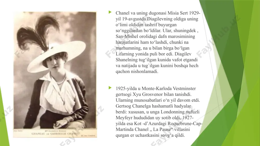 osa xulosa o’rnida shuni aytish joizki bugungi kunda ayollar orzusi bo’lgan chanel atirlari oddiygina bir tikuvchi tomonidan yaratilgan ekan. coco chanel o’z orzulariga erishgan desak mubolag’a bo’lmaydi. u dizayn sohasi rivojlanishiga juda katta xissa qo’shgan shaxs. foydalanilgan adabiyotlar ro’yxati шанель.. коко шанель. жизнь, рассказанная ею самой, уникальная автобиография женщины-эпохи. м.: яуза-пресс, 2011. isbn 978-5-9955-0355-2. вульф в., чеботарь с.. великие женщины xx века, мой серебряный шар. м.: яуза, эксмо, 2009. isbn 978-5-699-33509-1. гидель, анри.. коко шанель, женщина-богиня. м.: эксмо, 2008. isbn 978-5-699-18625-9. andoza:нп5. odinokaya chanel. m.: slovo, 2010. isbn 978-5-387-00142-0. andoza:нп5. koko shanel. shik i elegantnost navsegda. spb.: piter, 2010. isbn 978-5-49807-823-6. коко шанель. основательница дома моды chanel, путь к успеху, м., 2010. (biblioteka generalnogo direktora. put k uspexu; daydjest k t. 9) моран, поль.. аллюр коко шанель. м.: лимбус пресс, издательство к. тублина, 2010. isbn 978-5-8370-0581-7. надеждин н. я.. коко шанель: «мода проходит — стиль остается», неформальные биографии. м.: майор …