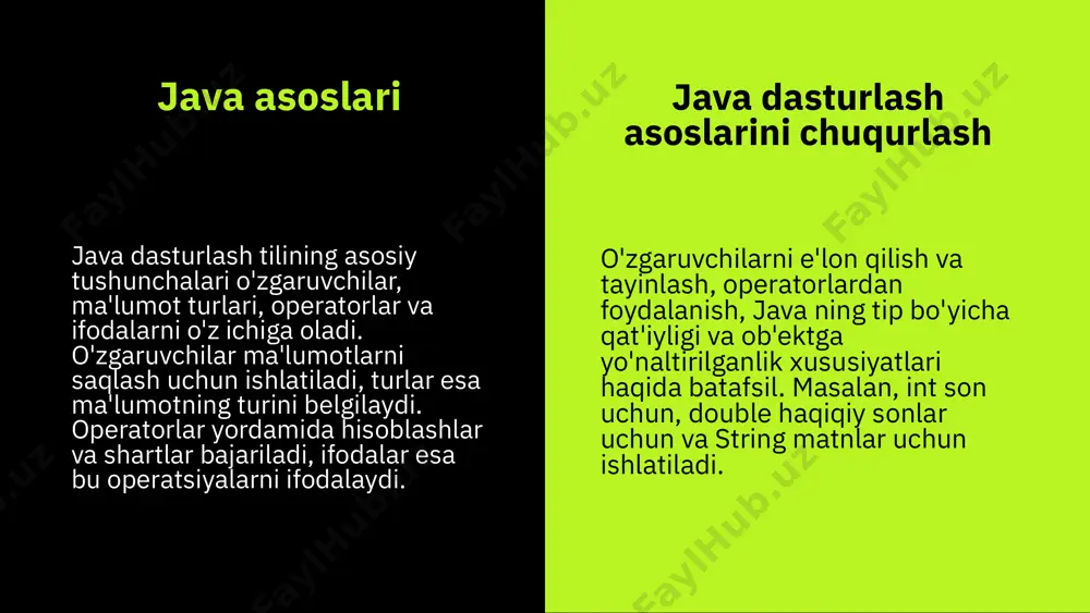 dul va funksiyani sinab ko'rish orqali xatoliklar oldindan aniqlanadi va tuzatiladi. testlash jarayonida yozilgan testlar doimiy integratsiya tizimlariga qo'shiladi, bu esa dastur sifati va ishlab chiqarish jarayonining samaradorligini oshiradi. java dasturlashda versiyalash versiyalash tizimlari, masalan, git, java dasturlashda kodning tarixini saqlash uchun ishlatiladi. bu vosita koddagi o'zgarishlarni kuzatib boradi va tarixni saqlash imkonini beradi. amaliy dasturlashda versiyalash muhim, chunki u koddagi xatoliklarni aniqlash, o'zgartirishlarni boshqarish va muammolarni tezda hal qilishga yordam beradi. bu jarayon jarayonni soddalashtiradi. versiyalash yordamida jamoaviy ishni yaxshilash mumkin. u konfliktlarni hal qilish, o'zgarishlarni yozib borish va avvalgi holatlarga qaytish imkonini yaratadi, bu esa loyiha rivojlanishini samarali qiladi. to'g'ri versiyalash tizimidan foydalanish kodni boshqarishni soddalashtiradi va java loyihalarida rivojlanishni yanada samarali qiladi. bu jarayon jamoaviy muvaffaqiyat uchun muhimdir. java muammolarini hal qilishda sabr-toqat va to'g'ri strategiyalar muhim. java dasturlash jamoasi “ java muhitida kod yozish jarayoni java muhitida kod yozish uchun jdk, jvm va ide kerak. jdk …