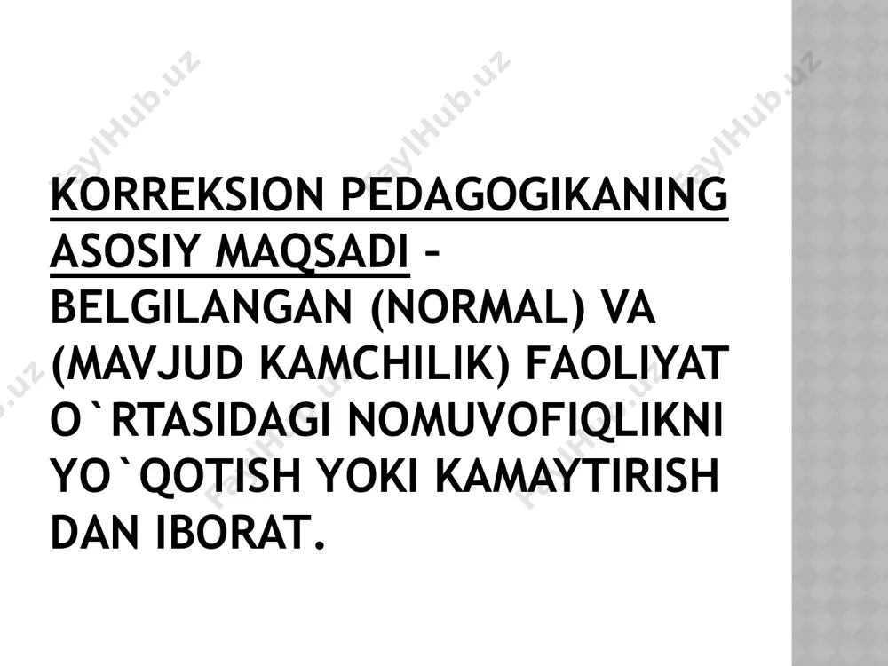 huv aqli zaiflarning etimologiyasini bilish, intellektining buzilishiga sabab bo`lgan omillar, shuningdek, anatomik-fiziologik va genetik buzilishni o`rganish g`oyasini ilgari suradi. 2.psixologik yondashuv psixikasi buzilgan bolalarning psixik faoliyati, emotsional holati hamda shaxsini o`rganishga yo`naltirilgan. 3. pedagogik yondashuv intellekti buzilgan bolalarni o`qitish hamda tarbiyalashning pedagogik tamoyillari, metodlari, shuningdek, nuqsonlarni bartaraf etish yo`llarini o`rganish g`oyasiga tayanadi. psixologik-pedagogik tekshirishlar quyidagi metodlari yordamida tashkil etiladi: suhbat metodi. kuzatish metodi rasmlarini o`rganish metodi. tajriba-psixologik tadqiqotlar metodlari. testlar metodi. aqli zaif bolalar bilan olib boriladigan korreksion ishlar. nutqiy nuqsonlarni o`rganish, oldini olish va korreksiya bilan korreksion pedagogika (defektologiya)ning muhim sohasi - logopediya (yunoncha logos – so`z va paideia - tarbiyalash) shug`ullanadi. surdopedagogika (yunoncha «surdus» – kar) - eshitish qobiliyati buzilgan bolalarni o`qitish va tarbiyalash jarayonini o`rganuvchi korreksion (maxsus) pedagogikaning yana bir muhim sohasi. ko`rish qobiliyati buzilgan bolalarni o`qitish va tarbiyalash xususiyatlari bilan tiflopedagogika shug`ullanadi (yunoncha «typhlos» – ko`r) – korreksion pedagogika (defektologiya)ning muhim sohasi. image1.jpeg
