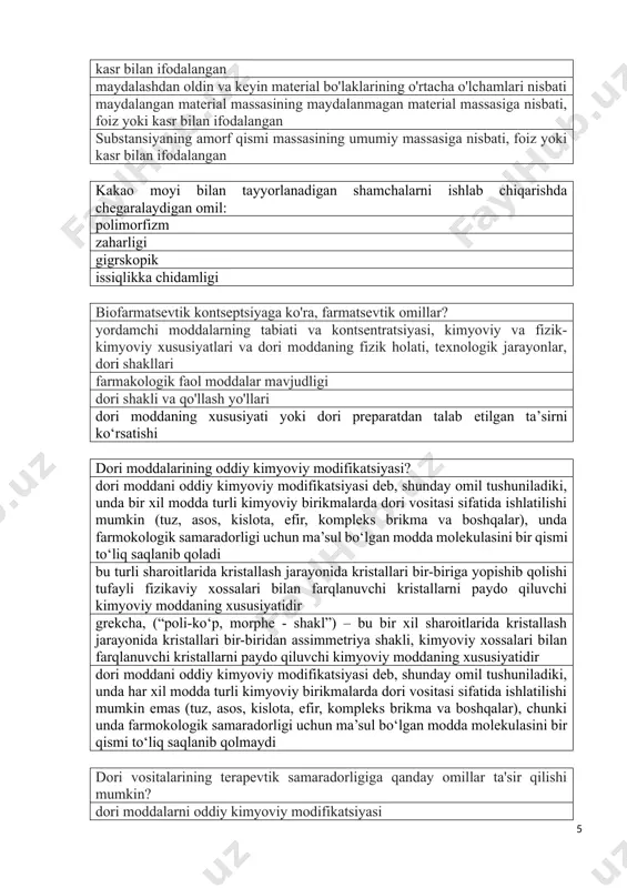 arayonida kristallari bir-biriga yopishib qolishi tufayli fizikaviy xossalari bilan farqlanuvchi kristallarni paydo qiluvchi kimyoviy moddaning xususiyatidir grekcha, (“poli-ko‘p, morphe - shakl”) – bu bir xil sharoitlarida kristallash jarayonida kristallari bir-biridan assimmetriya shakli, kimyoviy xossalari bilan farqlanuvchi kristallarni paydo qiluvchi kimyoviy moddaning xususiyatidir dori moddani oddiy kimyoviy modifikatsiyasi deb, shunday omil tushuniladiki, unda har xil modda turli kimyoviy birikmalarda dori vositasi sifatida ishlatilishi mumkin emas (tuz, asos, kislota, efir, kompleks brikma va boshqalar), chunki unda farmokologik samaradorligi uchun ma’sul bo‘lgan modda molekulasini bir qismi to‘liq saqlanib qolmaydi dori vositalarining terapevtik samaradorligiga qanday omillar ta'sir qilishi mumkin? dori moddalarni oddiy kimyoviy modifikatsiyasi farmatsevtik texnologiya fenindion kukunining maydalik darajasi atrof muhitning harorati dori moddalarni oddiy kimyoviy modifikatsiyasi deganda nima tushuniladi? tuz holidagi moddani asos yoki kislota bilan almashtirish dori moddalarning rangini o'zgarishi yordamchi moddalar miqdorini oshirish dori moddalarning maydalik darajasini kamaytirish dori moddalarni oddiy kimyoviy modifikatsiyasida qanday funksiyalar saqlanib qolishi mumkin? eruvchanlikning yaxshilanishi …