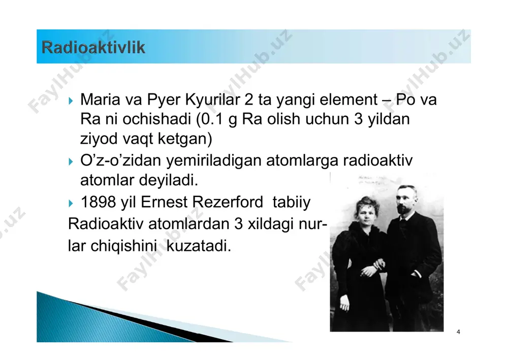 ’qimaga 10-2 j radiatsiya ta’siri.  rem ► rentgen ekvivalent odam. 1 rem = 1 rad x nbt (nisbiy biologik ta’sir)  20 rem ► oq qon tanachalarining kamayishi;  100-400 rem ► qayt qilish, diarea, yara, rak xavfining ortishi;  500-1000 rem ► 2 oy ichida o’lim;  1000-2000 rem ► 2 hafta ichida o’lim;  > 2000 rem ► soatlar ichida o’lim.  3 3  vindskeyl (byuk britaniya) (7-12 okt. 1957). 5 daraja.  3 mil oroli (aqsh) (3 mart. 1979). 5 daraja.  chernobil (26 apr. 1986). 7 daraja. 200 kishi yuqori dozada zaharlandi. 3 oy ichida 32 o’lim. 12 kg pu atmosferaga chiqdi.  fukusima (11 mart. 2011). 7 daraja. 3 4 3 5  nishonlangan atomlar yordamida reaksiya yo’nalishini o’rganish;  materiallarning sifatini tekshirishda;  60co izotopi tibbiyotda rak kasalligini davolashda;  131i qalqonsimon bez tashxisida;  turli radioizotoplar oziq-ovqat mahsulotlarni saqlashda. 36