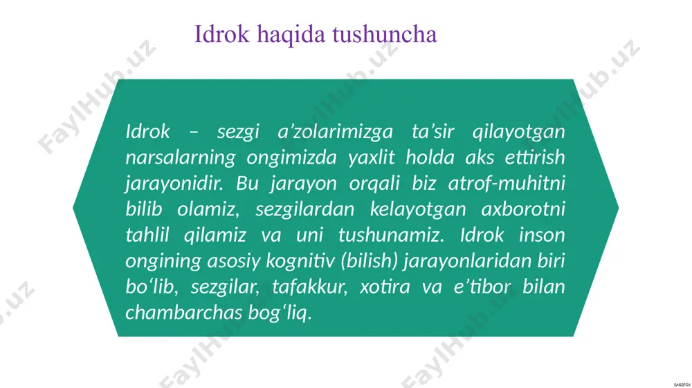 rur ob'ektlarni boshqalaridan ajrata olish 6 tanlay olishi 1 2 3 idrok buzilishlari real ob’ektni noto‘g‘ri idrok qilish. illuziyalar gallyutsinatsiyalar agnoziya mavjud bo‘lmagan narsalarni ko‘rish, eshitish yoki his qilish. miya zararlanishi tufayli tanish narsalarni idrok qila olmaslik. ba’zan idrok normal ishlamaydi va turli psixologik yoki nevrologik sabablarga ko‘ra buzilishlar yuzaga kelishi mumkin. masalan: idorak insonning hissiy holatini, masalan, quvonch, g'am, qo'rquv kabi hislarni boshqarishga yordam beradi. idorakning psixologik jihatlari emotsional jihat idorak insonning fikrlash, qaror qabul qilish va muammolarni hal qilish qobiliyatini belgilaydi. aqliy jihat idorak insonning boshqalar bilan munosabatlarini, ularga nisbatan munosabatini belgilaydi. ijtimoiy jihat gallyusinasiya – idrok faoliyatini buzilish, ya'ni aynan shu sezgi organlariga ta'sir etmayotgan ob'ektlarni idrok qilish break time … minutes e’tiboringiz uchun rahmat image2.jpg image3.png image4.png image5.png image6.png image7.jpg image8.png image9.svg image10.jpg image11.jpg image12.png image13.png image14.png image15.png image16.png image17.png image18.png image19.png image20.jpg image1.png media1.mp4 image21.png .msftofcthm_background1_fill { fill:#ffffff; } /docprops/thumbnail.jpeg