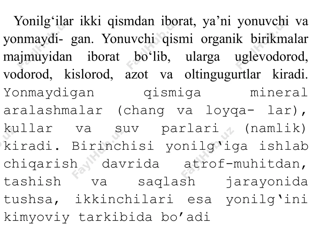 ishlash paytida yoniig‘i nasosi 5 bezinni 0,2 mpa bosimda bak 1 dan yoniig‘i tindirgich 3 va mayin filtr 4 orqali karbyuratorga yetkazib beradi. bir vaqtning o‘zida karbyurator 7 ga havo filtridan tozalangan havo ham beriladi va benzin-havoning aralashuvi amalga oshadi va u kiritish kollektori orqali dvigatel 9 ning silindrlariga tushadi. demak, karbyurator bir vaqtning o‘zida ham yonilg‘ini o‘tkazuvchi, ham aralashma hosil qiluvchi vazifasini o‘tamoqda. silindrga kiritilgan benzin-havo aralashmasi uchqun yordamida yondiriladi va yonib bo’lgan gazlar chiqarish kollektori 10 va uchqun so‘ndirgich 11 orqali atmosferaga beriladi asosiy qismlarga yoniig‘i baki, yoniigri nasosi va mayin filtrlar - yonilg‘ini uzatish tizimlari kiradi. yonilg‘i baki. avtomobillami 10 soat atrofida ishlashlari yoki 400...500 km ga yetuvchi yonilg‘i hajmini saqlash uchun xizmat qiladi. ular avtomobilni yonilgri quyish shaxobchalaridan yonilg'ini quyishga qulay bo'lgan joyiga o‘matiladi. shu bilan birga o‘matilgan joy xavfsiz bo‘lishi ham kerak. yonilg‘i baklari yaproqsimon yupqa po‘latdan yasalib, uning shakli avtomobil yoki traktoming umumiy dizayniga …