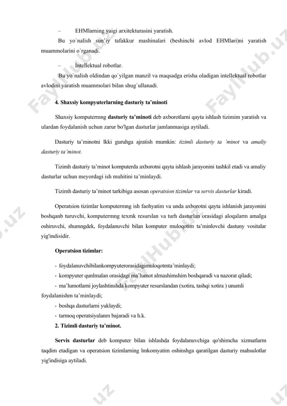 maliy dasturlar uchun meyordagi ish muhitini ta’minlaydi. tizimh dasturiy ta’minot tarkibiga asosan operatsion tizimlar va servis dasturlar kiradi. operatsion tizimlar komputermng ish faohyatim va unda axborotni qayta ishlanish jarayonini boshqanb turuvchi, komputermng texmk resurslan va turh dasturlan orasidagi aloqalarm amalga oshiruvchi, shumngdek, foydalanuvchi bilan komputer muloqotim ta’minlovchi dastuny vositalar yig'indisidir. operatsion tizimlar: · foydalanuvchibilankompyuterorasidagimuloqotmta’minlaydi; · kompyuter qunlmalan orasidagi ma’lumot almashimshim boshqaradi va nazorat qiladi; · ma’lumotlarni joylashtinshda kompyuter resurslandan (xotira, tashqi xotira ) unumli foydalanishm ta’minlaydi; · boshqa dasturlarni yuklaydi; · tarmoq operatsiyalanm bajaradi va h.k. 2. tizimli dasturiy ta’minot. servis dasturlar deb komputer bilan ishlashda foydalanuvchiga qo'shimcha xizmatlarm taqdim etadigan va operatsion tizimlarning lmkomyatim oshinshga qaratilgan dasturiy mahsulotlar yig'indisiga aytiladi. servis dasturlarni operatsion tizimlar uchun qobiq dasturlar, utilitalar va mustaqil dastur ko'nmshida taqdim etiladigan antiviruslar tashkil etadi. qobiq dasturnmg dastlabki versiyasi norton commander (nc) deb atahb, ms dos operatsion tizimi muhitida ishlagan bo'lsa, keyinchahk windows operatsion tizimi yaratilgamdan so'ng, …