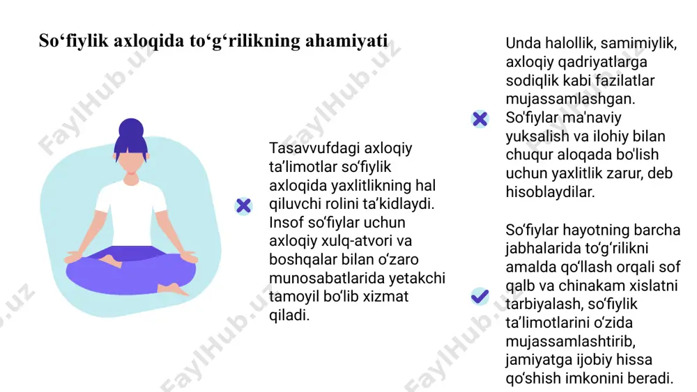 va rostgo‘ylik nafaqat o‘zgalar bilan munosabatda, balki o‘z-o‘ziga munosabatida ham qadrlanadi. bu ichki tinchlik va uyg'unlikka erishish vositasi sifatida qaraladi. tasavvuf axloqiy ta’limotlari orqali ichki xotirjamlikni rivojlantirish tasavvuf ichki xotirjamlikni rivojlantirishga qaratilgan axloqiy ta'limotlarga urg'u beradi. so‘fiylik tamoyillariga amal qilgan holda, insonlar rahm-shafqat, bag‘rikenglik va kamtarlik kabi fazilatlarni tarbiyalashlari mumkin. ta'limotlar o'z-o'zini aks ettirish va o'z-o'zini anglashning muhimligini ta'kidlaydi, izdoshlarni qalblari va onglarini poklashga yo'naltiradi. so'fiylar sevgi va mehrning salbiyni yengish kuchiga ishonadilar. ushbu axloqiy ko'rsatmalarga amal qilish orqali inson chuqur ruhiy aloqaga erishishi va o'zida va boshqalar bilan tinchlik topishi mumkin. so'fiylik axloqiy ta'limotlari botiniy uyg'unlik va ma'naviy ma'rifat sari yo'l ochadi. 100 75 50 tasavvufdagi axloqiy ta’limotlarda solihlik yo‘li markaziy o‘rin sifatida ta’kidlanadi. so‘fiylik axloqiy ta’limotlarida ezgu hayot kechirish muhimligi ta’kidlangan bo‘lib, u ilohiy amrlarga amal qilish va axloqiy kompasga amal qilishdan iborat. so‘fiylik axloqiy ta’limotida to‘g‘rilik yo‘li so‘fiylik axloqiy ta’limotidagi solihlik yo‘li o‘z-o‘zini poklash tushunchasi atrofida aylanadi. …