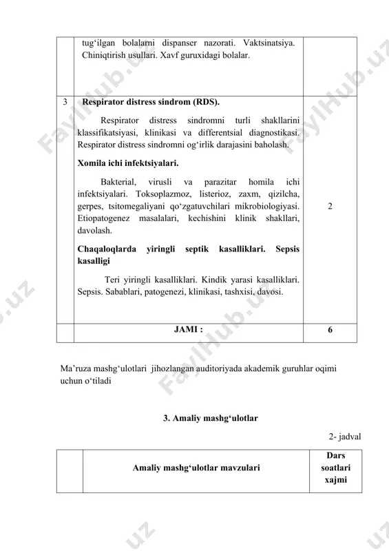 lar 2- jadval amaliy mashg‘ulotlar mavzulari dars soatlari xajmi nazariy amaliy 1. perinatologiyaga kirish. perinatologiyada jsst (jaxon soqliqni saqlash tashkiloti) tavsiyalari. o‘zbekistonda neonatologiyaning dolzarb muammolari. yangi hayot sharoitiga moslashuv jarayonini aks ettiruvchi xolatlar (chegara,tranzitor yoki fiziologik xolatlar). chaqaloqlarni ovqatlantirish tamoyillari. 1 3 2. chala tug‘ilgan chaqaloqni aniqlash. gestatsiya yoshi. chala tug‘ilishning sabablari. chala tug‘ilgan bolalarni morfologik va funktsional belgilari. chala tug‘ilgan bolalarda issiklik rejimi va issiqliq zanjiri. chala tug‘ilgan bolani parvarishlash va davolash ikki bosqichi. oziqlantirish muammolari. poliklinikada chala tug‘ilgan bolalarni dispanser nazorati. vaktsinatsiya. chiniqtirish usullari. xavf guruxidagi bolalar. 2 3 3 xomila ichi gipoksiyasi. yangi tug‘ilgan chaqaloqlar asfiksiyasi. yangi tug‘ilgan chaqaloqlar asfiksiyasi erta diagnostikasi va profilaktikasini zamonaviy talqini. reanimatsiya va intensiv davolashni xalqaro mezonlari. 2 3 4. bilirubin almashinuvi. chaqaloqlar gemolitik kasalliklari. klassifikatsiyasi. patogenez masalalari. qiyosiy tashxisoti. davolash asoslari. 1 3 5. respirator distress sindromni turli shakllarini klassifikatsiyasi, klinikasi va differentsial diagnostikasi. respirator distress sindromni og‘irlik darajasini baholash. bakterial, …