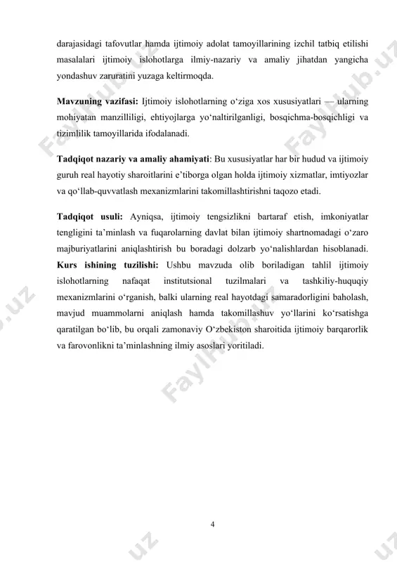 , korxonalar va ijtimoiy siyosatning boshqa sub‘ektlari roli va vazifalarini o’zgartiradi. amalda bu ijtimoiy muhofazalashga ajratiladigan byudjet mablag’lari salmog’ining qisqarishi, davlat tomonidan beriladigan bepul kafolatlarning kamayishini bildiradi. ko’proq og’irlik nodavlat moliya manbalariga, shu jumladan, korxonalar zimmasiga yuklatiladi. bu ayrim korxonalar uchun jiddiy muammolar tug’dirib, ularning ijtimoiy muhofaza bo’yicha tadbirlari hajmi va darajasini mehnat sharoitlari va uni muhofazalashga bog’lab qo’yadi. amalga oshirilish usuliga qarab ijtimoiy siyosatni aktiv va passiv turlarga ajratish mumkin. passiv ijtimoiy siyosat narxlarni sun‘iy ravishda tutib turish, shu hisobiga turmush darajasini oshirish yoki barqarorlashtirish, ijtimoiy muhofazalashning barcha yo’nalishlari bo’yicha dotatsiyalarni oshirishni ko’zda tutadi. aktiv siyosat maqsadga muvofiqroqdir. unda tashabbus ko’rsatish va tadbirkorlik uchun sharoit yaratib berish, pensionerlar, veteranlar, bolalar, byudjet sohasida xizmat qiluvchilarni qo’llab-quvvatlashda davlatning rolini oshirish ustuvor maqsadlar hisoblanadi. ijtimoiy siyosatda ikki asosiy yo’nalishni ajratib ko’rsatish mumkin: aholini ijtimoiy ta‘minlash va davlat ijtimoiy kafolatlari. ijtimoiy ta‘minot pensiya ta‘minoti, nafaqalar bilan ta‘minlash, aholining ayrim tabaqalari uchun belgilangan imtiyoz …