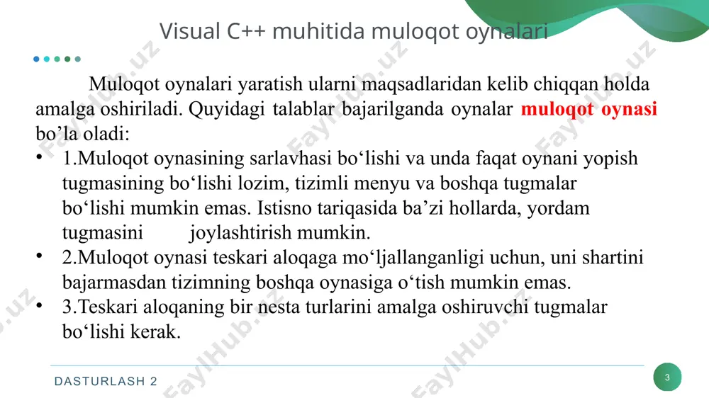 di. 3 openfiledialog foydalanuvchilar uchun faylni tanlash imkonini beradigan muloqot oynasini ko‘rsatadi. 4 printdialog foydalanuvchilarga printerni tanlash va uning xususiyatlarini o‘rnatish imkonini beruvchi muloqot oynasini ko‘rsatadi. 5 printpreviewdialog foydalanuvchilar uchun chop qilishda printdocument boshqaruv elementining ko‘rinishining ko‘rsatish imkonini beradigan muloqot oynasini ko‘rsatadi. 6 folderbrowserdialog foydalanuvchilar uchun papkalar ko‘rish, yaratish va tanlash imkonini beradigan muloqot oynasini ko‘rsatadi. 7 savefiledialog foydalanuvchilar uchun faylni saqlash imkonini beradigan muloqot oynasini ko‘rsatadi. dasturlash 2 7 messagebox sinfining show funksiyasi parametrlari nomi tipi vazifasi text string muloqot oynasining xabari caption string muloqot oynasining sarlavhasi buttons messageboxbuttons teskari aloqani ta'minalash tugmalari turlarini aniqlash icon messageboxicon muloqot oynalarining ikonkalari turlarini aniqlash defaultbutton messageboxdefaultbutton teskari aloqani ta'minalash uchun joriy tugmalari turlarini aniqlash options messageboxoptions muloqot oynalarining amallari turlarini aniqlash helpfilepath helpnavigator helpnavigator ob'ektining qiymatlari uchun foydalaniladi param object yordam tugmasi bosilganda id fiymatni aniqlash imkonini beruvchi parametr returns dialogresult muloqot oynalarining qiymatlari qaytarish uchun foydalaniladigan dialogresult tipidagi turlarini aniqlash …