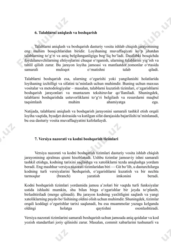 g tarqalgan. masalan, slack, microsoft teams kabi onlayn chat platformalari yordamida jamoa a’zolari real vaqt rejimida fikr almashib, muammolarni tezda hal qilish imkoniga ega bo‘ladilar. shuningdek, jira yoki trello kabi loyihani boshqarish vositalari yordamida vazifalarni taqsimlash, bajarilish jarayonini kuzatish va ustuvorliklarni belgilash ancha osonlashadi. kommunikatsiyani yanada samarali qilish uchun muntazam yig‘ilishlar (stand-up meetinglar) o‘tkazish tavsiya etiladi. bu yig‘ilishlarda har bir a’zo o‘z ishlarining holati, duch kelgan muammolar va kelgusi vazifalar haqida qisqacha ma’lumot beradi. shu tarzda, jamoa rahbari va boshqa a’zolar kerakli yordamni vaqtida ko‘rsatishlari mumkin. bundan tashqari, ochiq va hurmatga asoslangan muhit yaratish ham muhimdir. har bir jamoa a’zosi o‘z fikrini bemalol bildira olishi, yangi g‘oyalar taklif qilishi va konstruktiv tanqidlarga ochiq bo‘lishi loyiha sifatini oshiradi hamda ish jarayonini yanada samarali qiladi. xulosa qilib aytganda, jamoaviy hamkorlik va kommunikatsiya vositalaridan to‘g‘ri foydalanish dasturiy vosita ishlab chiqish jarayonini optimallashtiradi, vaqt va resurslarni tejaydi hamda sifatli mahsulot yaratishga xizmat qiladi. 6. …