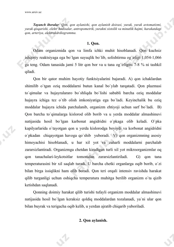 zlantiradi. organizmga chetdan kiradigan turli xil yot mikroorganizmlar oq qon tanachalari-leykotsitlar tomonidan zararsizlantiriladi. g) qon tana temperaturasini bir xil saqlab turadi. u barcha chetki organlarga oqib borib, o`zi bilan birga issiqlikni ham olib boradi. qon teri orqali intensiv ravishda harakat qilib turganligi uchun oshiqcha temperatura muhitga berilib organizm o`ta qizib ketishdan saqlanadi. qonning doimiy harakat qilib turishi tufayli organizm moddalar almashinuvi natijasida hosil bo`lgan keraksiz qoldiq moddalardan tozalanadi, ya`ni ular qon bilan buyrak va terigacha oqib kelib, u yerdan ajratib chiqarib yuboriladi. 2. qon aylanish. har bir organizmning normal hayot kechirishi uchun unda doimiy sur`atda qon aylanib turishi kerak. qon tomirlarida doimiy qon harakati maxsus organlar-yurak, arteriya qon tomirlari va ko`ndalang-targ`il tolali muskullarning faoliyati tufayli ro`y beradi. organizm har xil sharioitlarda ham barcha organ va sistemalarni qon bilan ta`minlash uchun qon aylanishini boshqarib turuvchi maxsus sistemaga ega. shu sistema ishi tufayli har xil sharoitda ham barcha to`qima va hujayralarning kislorod …