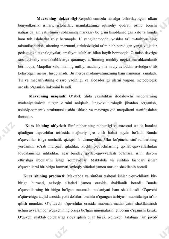 l etilib, unda nimalarga erishilgani, qaysi voqea , xodisalar asrimizning eng ulug’ , buyuk ishlari, qaysilari tufayli insoniyat azob uqubat chekdi , qaysi sarqitlarni o’tgan asrga qoldirib, qaysilarini xxi asrga olib o’tish mumkin, xx asrdan qolgan dolzarb muammolarni qay yo’sinda hal qilish mumkinligini sarhisob qilinmoqda. mamlakatimiz istiqlolining eng daslabki kunlaridanoq, buyuk ma’naviyatimiz va qadriyatlarimizni , xalqimiz yaratgan og’zaki yodlarni tiklash va yanada yuksaltirish, milliy ta’lim-tarbiya tizimini shakllantirish, zaminini mustahkamlash, uni davr talablari bilan uyg’unlashtirish asosida jahon andozalari va ko’nikmalari darajasiga olib chiqish maqsadlariga favqulotda katta ahamiyat berildi. ma’lumki har qanday millatning yangilanishi yoshlar tarbiyasidan boshlanadi. yoshlar esa bugungi kunda oilada va asosan ta’lim-tarbiya munossabatlarida shakillantiriladi. ta’lim vositalari o’quvchilarning ruhiy, jismoniy, genetik va mintaqaviy o’ziga xosliklarini to’liq hisobga olgandigana yuqori samaradorlikka erishish mumkin. respublika prezidentining tashabbusi bilan o’sib kelayotgan yosh avlodni jismoniy sog’lom , ma’naviy jihatdan barkamol qilib tarbiyalash, iste’dodini aniqlash va rag’batlantirish maqsadida “mahalla” , “kamolot” , “sog’lom avlod uchun” …