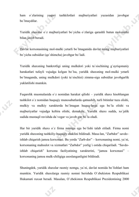 an belgilanadi. yuridik shaxs o`zi qatnashadigan munosabatlarga qarab ma`lum huquq va majburiyatlarga ega bo`ladi. shunday qilib, yuridik shaxsning huquq layo-qati, unga maxsus yuklangan vazifalar bilan belgilanadi (maxsus huquq layoqati prinsipi). yuridik shaxs qonun hujjatlarida belgilab qo`yilgan ay-rim faoliyat turlari bilan faqat maxsus ruxsatnoma (litsenziya) asosidagina shug`ullanishi mumkin. masalan, neft, neft mahsulotlari va gaz qazib chiqarish, ularni qayta ishlash va sotish faoliyati. fuqarolik huquqida fuqarolarga nisbatan huquq layoqatining tenglik prinsipi o`rnatilgan, fuqarolik huquq layoqatining mazmuni hamma fuqa-rolar uchun qonun bilan teng hajmda belgilangan bo`lsa, yuridik shaxslar-ning huquq layoqati undan farqlanib, ularning har qaysi turi uchun har xil bo`ladi. u barcha yuridik shaxslar uchun birorta umumiy hajmda oldin emas, balki muayyan yuridik shaxsning paydo bo`lishida, uning ish maq-sadlariga qarab, qonun, ustav yoki nizomlarida belgilanadi. yuridik shaxslarning muomala layoqati ham fuqarolik muomala layoqatidan farq qiladi. agar fuqarolarda huquq layoqatidan farq qilib, muomala layoqati muayyan yoshga yetgach vujudga kelsa, muomala layo-qati yuridik shaxslarda huquq …