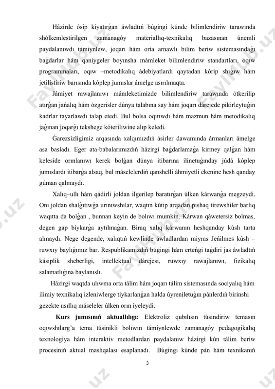 iyeti: bul temanı oqıtıwda, zerikerli sabaqlar ornına sabaqlardı shólkemlestiriwge juwapkershilik menen jandasatúǵın, kásiplik bilgir, metodikalıq uqıpǵa iye, juwapkerli, zamanagóy, interaktiv pedagogikalıq texnologiyanı jetilisken ózlestirip alǵan, innovaciyalar tiykarında tálimdi payda ete alatuǵın oqıtıwshılarǵa talap asıp barıp atır. tálimde materiallıq baza, standart, oqıw jobalar, programma hám sabaqlıqlar qanshellilik rawajlanıwdırılmasın, kútilgen tiykarǵı nátiyjege erisiw, tereń hám puqta bilim beriw, joqarı sapadaǵı ózlestiriwge erisiw tikkeley teoriyalıq hám ámeliy shınıǵıwlardı alıp baratuǵın oqıtıwshınıń dóretiwshiligi, izleniwshiligi, ilmiy tájriybesine pedagogikalıq uqıpına baylanislı bolıp qalaberedi. i. tıykarǵı bólim ii.1. elektroliz hám elektrolitlik dissociaciya. elektrolitler. ayırım suyıqlıqlar elektr togın ótkiziwi, basqaları ótkizbewi múmkin. suyıqlıqlardıń elektr togın ótkiziwi yamasa ótkizbewin 1- su’wrette kórsetilgen ápiwayı ásbap járdeminde anıqlaw múmkin. bul ásbap tiykarınan, shiyshe ıdıs hám oǵan túsirilgen eki kómir sterjen — elektrodlardan ibarat. elektr dereginiń oń polyusine jalǵanǵan elektrodtı anod dep, teris polyusine tutastırılg’an elektrodtı katod dep ataydı. elektrodlı shiyshe ıdısqa distilyaciyalanǵan suw quyamız hám giltti ashamız. bunda lampochka janbaydı. demek, …