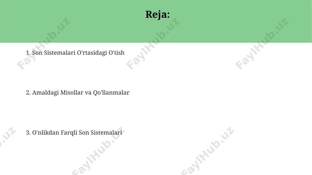 ng 8-lik asosga mos keladigan ekvivalenti topiladi. bu jarayon, o'nlik sonni ketma-ket 8 ga bo'lish orqali amalga oshiriladi va qoldiqlar sakkizlik sonining raqamlari bo'ladi. yuqori darajadagi o'rinlardan pastki o'rinlarga qarab yoziladi. o'nlik son sistemasidan sakkizlikka o'tishda har bir o'nlikdagi raqamni 8 ga bo'lib, qoldiqlarni yozib olamiz va natijada hosil bo'lgan butun qismni yana 8 ga bo'lishni davom ettiramiz. oxirgi qoldiqlarni teskari tartibda yozib, sakkizlikdagi ekvivalentini topamiz. masalan, 2510 = 318. turli son sistemalarining amaliy qo'llanilishi sextal son tizimi (asos 6) ba'zi maxsus hisoblash usullarida va kodlashda qo'llanishi mumkin, bu esa o'nlik tizimga nisbatan kamroq raqamli ifodalarni talab qiladi va ma'lumotlarni ixchamlashtirishga yordam beradi. turli son sistemalaridan, masalan, ikkilik (binary) va o'n oltilik (hexadecimal) sistemalardan kompyuter fanida ma'lumotlarni kodlash va saqlashda keng foydalaniladi, bu esa 0 va 1 raqamlari yordamida millionlab ma'lumotlarni ifodalash imkonini beradi. o'n ikkilik (duodecimal) son sistemi tarixan savdo va o'lchov tizimlarida qo'llanilgan, chunki 12 soni 2, 3, …
