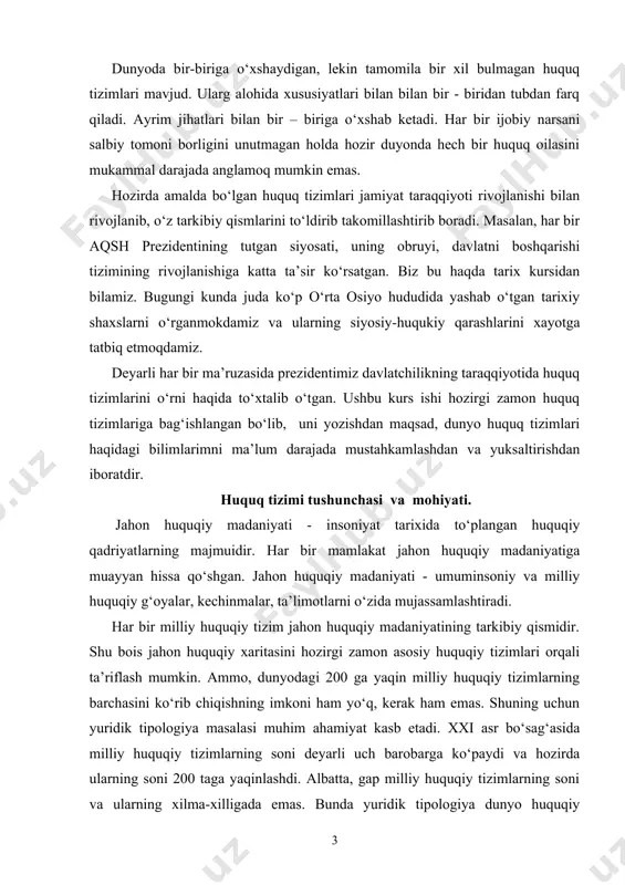 hning imkoni ham yo‘q, kerak ham emas. shuning uchun yuridik tipologiya masalasi muhim ahamiyat kasb etadi. xxi asr bo‘sag‘asida milliy huquqiy tizimlarning soni deyarli uch barobarga ko‘paydi va hozirda ularning soni 200 taga yaqinlashdi. albatta, gap milliy huquqiy tizimlarning soni va ularning xilma-xilligada emas. bunda yuridik tipologiya dunyo huquqiy xaritasini ko‘p jihatdan har tomonlama tahlil qilishning dastlabki zaruriy shartidir. yuridik tipologiyaning asosiy obyekti kuyidagi tushunchalardir: «dunyo huquqiy xaritasi», «huquqning tarixiy tipi», «huquqiy tizim oilasi», «milliy huquqiy tizim». huquqiy tizim deganda tor ma’noda «milliy huquqiy tizim» deb ataladigan ma’lum davlatning huquqi tushuniladi. bunda «huquqiy tizim» tushunchasi «huquq tizimi» tushunchasining sinonimi emas, chunki keyingisi obyektiv va subyektiv omillar bilan belgilanadigan, huquq sohalarining tuzilishi, o‘zaro aloqasi va munosabatini ochib beradigan institutsional tushunchadir. huquqiy tizim huquq tizimga nisbatan keng tushuncha. u huquqning institutsional tuzilishi (huquq tizimi) bilan birga, jamiyat huquqiy hayotining boshqa qator tarkibiy qismlarini ham o‘z ichiga oladi. ularni tahlil qilish huquqiy rivojlanishning …