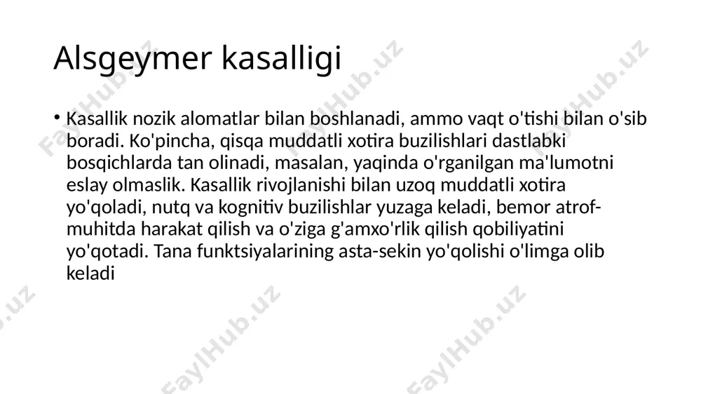 vazifalarni bajarayotganda, harakatlarni muvofiqlashtirish va rejalashtirish bilan bog'liq ma'lum muammolar tufayli odam noqulay ko'rinishi mumkin. òrta demensiya mustaqil harakat qilish qobiliyati progressiv yomonlashuv tufayli kamayadi. nutqning buzilishi aniq bo'ladi, chunki lug'atga kirishning yo'qolishi bilan, odam unutilgan so'zlarni almashtirish uchun tobora ko'proq noto'g'ri so'zlarni tanlaydi (parafaziya). o'qish va yozish ko'nikmalarini yo'qotish ham mavjud. vaqt o'tishi bilan harakatlarning murakkab ketma-ketligini bajarishda muvofiqlashtirish tobora ko'proq buziladi, bu esa odamning kundalik vazifalarini engish qobiliyatini pasaytiradi. ushbu bosqichda xotira muammolari kuchayadi, bemor yaqin qarindoshlarini tanimasligi mumkin. ilgari buzilmagan uzoq muddatli xotira ham buziladi va xulq-atvor anormalliklari sezilarli bo'ladi. neyropsixiatrik ko'rinishlar, masalan, sarsonlik, kechqurun kuchayishi (inglizcha quyosh botishi), yig'lashda, o'z-o'zidan tajovuzkorlikda, yordam va parvarishga qarshilikda namoyon bo'ladigan asabiylashish va emotsional labillik. bemorlarning taxminan 30 foizida soxta identifikatsiya sindromi va boshqa delusional alomatlar rivojlanadi. siydik chiqarishning buzilishi rivojlanishi mumkin. oģir demensiya altsgeymer kasalligining oxirgi bosqichida bemor butunlay tashqi yordamga bog'liq. tilni bilish darajasi bir so‘z birikmasi va …