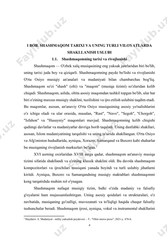 ratish va rivojlantirishda ishtirok etgan shaxslar o'zbek musiqasining yuksak ma'naviy va madaniy merosini yaratishda katta rol o'ynagan. shashmaqomning tarixi ko'plab muhim san'atkorlar, kompozitorlar, musiqachilar va olimlar nomi bilan bog'liq. ularning ishlarini o'rganish orqali, bu musiqiy tizimning shakllanishining qanday murakkab va boy jarayon bo'lganini tushunish mumkin.[footnoteref:3] [3: а.hаydаrov. mа'nаviy yuksаlish аsoslаri. "o'zbekiston аdаbiyoti vа sаn'аti" gаzetаsi, 2018-yil 20 iyul 30-son] 1. alisher navoiy alisher navoiy (1441–1501) — o'zbek she'riyatining buyuk namoyandasi va tasavvuf adabiyotining mashhur vakili bo'lib, uning asarlari shashmaqomda o'z izini qoldirgan. navoiy nafaqat she'r, balki musiqiy va falsafiy g'oyalarning ham rivojlanishiga katta ta'sir ko'rsatgan. uning asarlari, shuningdek, musiqiy o'limni va yuqori estetik tuyg'ularni ifodalaydigan dastgohlarni yaratishda ilhom manbai bo'lgan. 2. zahiriddin muhammad bobur zahiriddin muhammad bobur (1483–1530) — boburiylar sulolasining asoschisi va shashmaqom musiqasining rivojlanishiga katta ta'sir ko'rsatgan shaxsdir. bobur o'zining "boburnoma" asarida musiqa va san'atga bo'lgan katta e'tiborini ko'rsatgan. bobur shashmaqomning ba'zi mahoratli elementlarini qo'llagan, shuningdek, o'z saroyida …