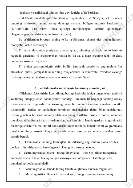 alarini to‘ғri tushunishga, ma`lum bir til hamda qardosh til guruhlarini bir-biriga solishtirib, ma`lum til hodisalarini, luғat tartibini, fonetik tizimi va grammatik qurilishini ilmiy asosda chuqur o‘rganish uchun nazariy va amaliy jihatdan zamin yaratib beradi. 3. tilshunoslik fanining tarmoqlari. kishilarning eng muhim aloqa vositasi bo‘lgan tilni tilshunoslik fani o‘rganadi. uning uch tarmoғi mavjud: 1. ekstralingvistika (ekstra – tashqi, lingvistika – tilga xos) tildan tashqarida, ammo bevosita til bilan boғliq bo‘lgan xususiyatlarni o‘rganadi. ekstralingvistika quyidagi tarmoqlarga ajraladi: a. sotsiolingvistika. bunda tilning tabiati va ijtimoiy vazifasi o‘rganiladi. b. metalingvistika. bunda til va tafakkur, tilning mazmun tomoni, nutq faoliyati, til birliklarining matn va sharoit bilan aloqasi o‘rganiladi. 2. intralingvistika. bunda tilning ichki tizimi, uning birliklari va kategoriyalari, tilning fonologik, leksikologik va grammatik qurilishi o‘rganiladi. 3. komparativistika. bunda tillar qiyosiy tarzda o‘rganiladi. bu soha uchga bo‘linadi: a. qiyosiy tilshunoslik. bu soha o‘z navbatida qiyosiy-tarixiy va choғishtirma tilshunoslikka bo‘linadi. qiyosiy-tarixiy tilshunoslik bir-biriga qarindosh bo‘lgan tillarni o‘rganadi. …