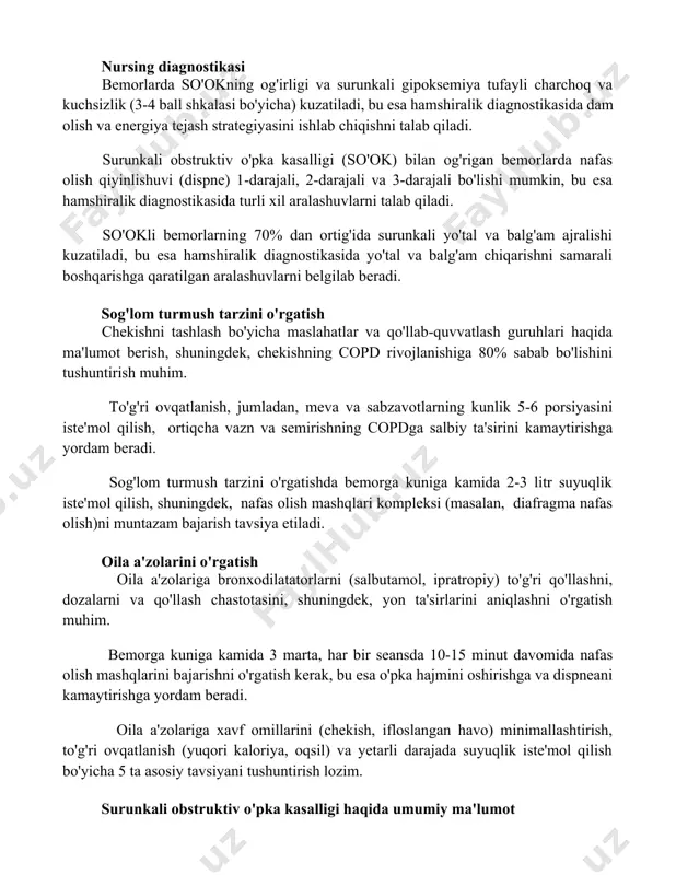 ategiyasini ishlab chiqishni talab qiladi. surunkali obstruktiv o'pka kasalligi (so'ok) bilan og'rigan bemorlarda nafas olish qiyinlishuvi (dispne) 1-darajali, 2-darajali va 3-darajali bo'lishi mumkin, bu esa hamshiralik diagnostikasida turli xil aralashuvlarni talab qiladi. so'okli bemorlarning 70% dan ortig'ida surunkali yo'tal va balg'am ajralishi kuzatiladi, bu esa hamshiralik diagnostikasida yo'tal va balg'am chiqarishni samarali boshqarishga qaratilgan aralashuvlarni belgilab beradi. sog'lom turmush tarzini o'rgatish chekishni tashlash bo'yicha maslahatlar va qo'llab-quvvatlash guruhlari haqida ma'lumot berish, shuningdek, chekishning copd rivojlanishiga 80% sabab bo'lishini tushuntirish muhim. to'g'ri ovqatlanish, jumladan, meva va sabzavotlarning kunlik 5-6 porsiyasini iste'mol qilish, ortiqcha vazn va semirishning copdga salbiy ta'sirini kamaytirishga yordam beradi. sog'lom turmush tarzini o'rgatishda bemorga kuniga kamida 2-3 litr suyuqlik iste'mol qilish, shuningdek, nafas olish mashqlari kompleksi (masalan, diafragma nafas olish)ni muntazam bajarish tavsiya etiladi. oila a'zolarini o'rgatish oila a'zolariga bronxodilatatorlarni (salbutamol, ipratropiy) to'g'ri qo'llashni, dozalarni va qo'llash chastotasini, shuningdek, yon ta'sirlarini aniqlashni o'rgatish muhim. bemorga kuniga kamida 3 …