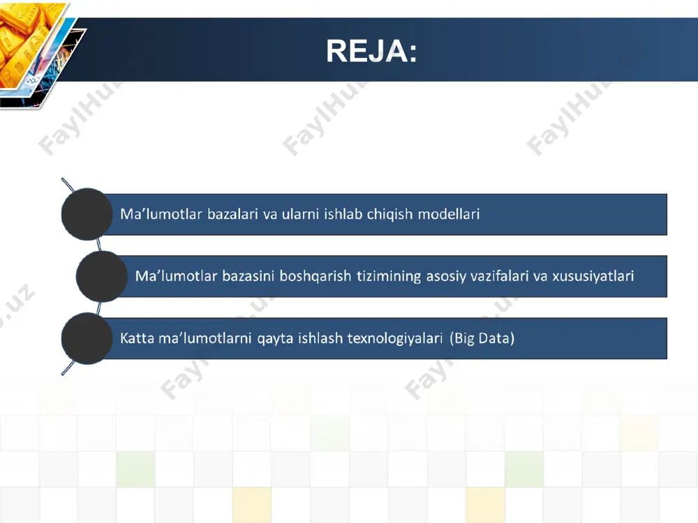 i ma’lumotlar ombori oracle sql server mysql postgresql mongodb … oracle sql server mysql postgresql mongodb … ma’lumotlar bazasini boshqarish tizimlari ma’lumotlar bazasini boshqarish tizimi ma’lumotlar ombori (bazasi) va ma’lumotlar bazasini boshqarish tizimi(mbbt) oʻrtasida juda katta farq bor. mbbt, ya’ni oracle yoki db2 asosan alohida serverga oʻrnatiladi. ushbu mbbt esa, bir yoki bir necha ma’lumotlar bazasini yasash va boshqarishda ishlatiladi. (mbbt)dastur mb mb mb mb ma’lumotlar bazasini boshqarish tizimi barcha ob’ektlar atributlari bilan xarakterlanadi. masalan, ob’yekt sifatida fakultet, kutubxona, kompyuter va boshqalarni qarash mumkin. jumladan, kompyuter ob’ektini atributlari sifatida hisoblash tezligi, operativ xotira xajmi, o‘lchamlari va boshqalarni ko‘rish mumkin. atributlarda saqlanadigan xabarlar ma’lumotlarni qiymatlari deyiladi. ma’lumotlarni nomlangan eng kichik birligi ma’lumot elementidir. u ko‘pincha maydon deb aytiladi va bayt va bitlardan tashkil topadi. ma’lumotlar agregati ma’lumot elementini nomlangan to‘plamidir. mb administratori deyilganda birorta shaxs yoki bir necha shaxslardan iborat bo‘lgan va mb sini loyihalash, uzatish va samarador ishlashini ta’minlovchidir. ma’lumotlar …