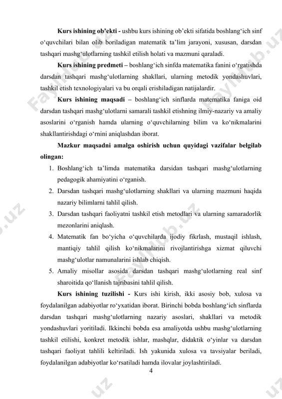 rbiyasini yo‘lga qo‘yishda xizmat qiladi. darsdan tashqari mashg‘ulotlar o‘quvchilarga o‘zlarining qiziqishlari va qobiliyatlariga mos faoliyat turlarida qatnashish imkoniyatini beradi, bu esa ularning shaxs sifatida har tomonlama rivojlanishiga ko‘maklashadi. darsdan tashqari mashg‘ulotlar mazmunan turli yo‘nalishlarda bo‘lishi mumkin. ular o‘quvchilarning o‘zlashtirish darajasi, ijtimoiy faolligi, yosh xususiyatlari va qiziqishlarini hisobga olgan holda tashkil etiladi. ular quyidagi asosiy turlarga bo‘linadi[footnoteref:1]. [1: abdullayeva, n. maktabgacha va boshlang‘ich ta’limda matematik tayyorgarlik: metodik qo‘llanma. – toshkent: innovatsiya nashriyoti, 2020. – 132 b.] fan to‘garaklari — matematika, tabiatshunoslik, ona tili, ingliz tili kabi fanlar bo‘yicha tashkil etiladi. bu mashg‘ulotlarda o‘quvchilar dars davomida o‘rganilgan bilimlarni kengaytiradi, murakkabroq masalalarni hal qilishga harakat qiladi, ilmiy izlanishlarga qadam qo‘yadi. masalan, “qiziqarli matematika” to‘garagi orqali o‘quvchilar matematik o‘yinlar, mantiqiy masalalar, topqirlikka oid topshiriqlarni bajaradi, bu esa ularning matematik tafakkurini, kuzatuvchanligini, tez fikrlash qobiliyatini rivojlantiradi. badiiy-estetik mashg‘ulotlar — bu to‘garaklar rasm, musiqa, qo‘shiq aytish, sahnalashtirish, raqs kabi san’at yo‘nalishlarini o‘z ichiga oladi. ushbu mashg‘ulotlar …