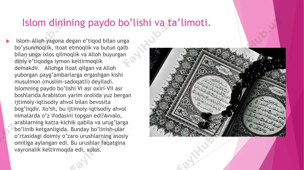 iklarga qarshi elkama-elka turib jang qilgan edilar. muhojirlar xalifalikka quraysh qabilasining nomzodini qo‘yar ekanlar, payg‘ambarning “imomlik quraysh xaqqi”, “imomlik qurayshdan, qozilik ansordan va azon chaqirish esa xabashdandir” - degan hadislarini dalil qilar edilar. ular xalifalikka umar ibn al-xattob yoki abu ubayda ibn jarroxning nomzodini ko‘rsatardilar. islom dinidagi yo’nalishlar, oqimlar va mazhablar.  mazkur xalifalikka nomzodlar orasida payg‘ambarning urug‘idan xalifa saylanish tarafdorlari ham bor edilar. ular ali ibn abi tolib, abbos, zubayr, fotima va boshqa xoshim urug‘ining vakillari edi. ular xalifalikka payg‘ambar oilasidan boshliq saylash ishtiyoqida edilar. bu guruh xalifalikka alini, undan keyin uning o‘g‘lini, keyin nabirasini va x.k. saylamoqchi edilar. ularning ta’birlaricha, o‘rinbosar emas, faqat etakchi imomgina qur’onni sharx va tafsir qilishi, hadislarni tahlil etishi va shariat ishlarida xukm, fatvo chiqarishi mumkin edi. shuning uchun ular payg‘ambar izdoshiga xalifa emas, “imom” laqabini berganlar.  shu ikki guruh orasidagi kichkina ixtilof islom ummatining sunniy va shia oqimlariga bo‘linishiga sabab bo‘ldi.  …
