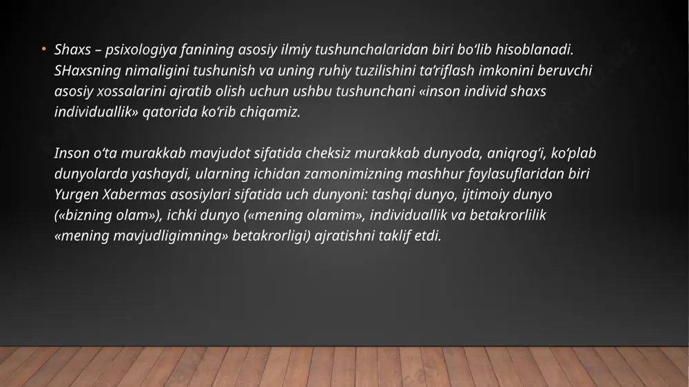 lashishi insonning yig‘indi xususiyatlarining individualligini shakllantiradi. individuallik – bu ma’lum insonning, uning noyobligi, betakrorligi nuqtai nazaridan o‘ziga xos bo‘lgan ruhiy, fiziologik va ijtimoiy xususiyatlar yig‘indisi. individuallik – bu ko‘rib chiqilgan tushunchalar ichida mazmuniga ko‘ra eng tor tushuncha hisoblanadi. u o‘zida insonning boshqa odamlardan farq qiluvchi o‘ziga xos va shaxsiy xossalarini jamlaydi. individuallik turli xildagi tajriba, bilimlar, fikrlardagi tafovutlar, xarakter va temperamentlardagi farqlar, o‘zimiz isbotlaydigan, tasdiqlaydigan o‘ziga xos xususiyatlarimizda namoyon bo‘ladi. motivlar, temperament, xarakter, layoqatlar – individuallikning asosiy ko‘rsatkichlari. «individuallik» tushunchasi individning faqat o‘ziga xos ruhiy xususiyatlarini emas, balki morfofiziologik (bo‘y o‘lchami, tana tuzilishi, yuz tuzilishi va h.k.) xususiyatlarini ham aks ettiradi. individuallik – o‘z mohiyatiga ko‘ra, boshqalar tomonidan kuzatilishi mumkin bo‘lgan, tashqarida joylashgan narsa. faqat boshqalar bir odamning boshqasidan farqini, ya’ni, uning individualligini aytib berishi mumkin. individualism giving priority to one's own goals over group goals and defining one's identity in terms of personal attributes rather than group identifications. shunday …