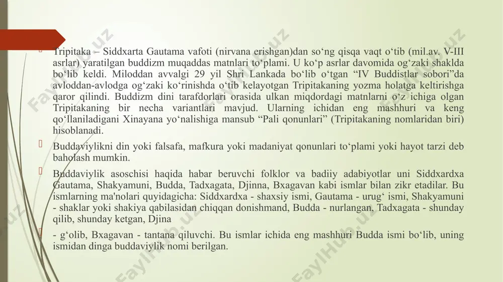 al qilish, o‘zida savobli ishlar qilish istagini tarbiyalash, ota–ona va qariyalarni hurmatlash, ular haqida qayg‘urish, haqiqat, adolatni targ‘ib qilish, o‘z kamchiliklarini bartaraf etish kabi vazifalarni ado etishi lozim. buddaning hayoti bilan bog‘liq ko‘plab voqealarga afsonaviy tus berilgan. xususan, rivoyatlardan birida keltirilishicha, budda 84 marta ruhoniy, 58 marta shoh, 24 marta rohib, 13 marta savdogar, 18 marta maymun, 12 marta tovuq, 8 marta g‘oz, 6 marta fil, shuningdek, baliq, qurbaqa, kalamush, quyon qiyofalarida 550 marta qayta tug‘ilgan. so‘nggi marta xudolar uni insoniyatni to‘g‘ri yo‘lga boshlashi uchun inson qiyofasida yaratganlar. hind podsholari magadxi bimbisare va ajatashatruning buddaviylikni qabul qilishi, keyinchalik imperator ashoka va kanishkaning qo‘llab–quvvatlashi natijasida buddaviylik davlat dini darajasiga ko‘tarildi. buddaviy rohiblar jamoasi – “sangha” shakllandi. ma’lumki, braxmanlik va hinduiylikda kishilar “kasta”larga bo‘linib, odamlar “past” va “oliy” tabaqaga ajratilgan. bundan farqli ravishda budda “inson kim bo‘lishidan qat’i nazar, tug‘ilishda teng huquqlidir, biri ikkinchisidan ortiq emas”, degan g‘oyani ilgari surdi. buddaning o‘limidan …