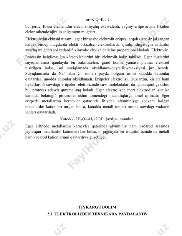 edlerde keñ qollaniladi. olardan tiykarg'ilari tomendegiler: 1. elektrometallurgiya. eritilgen rudalardi elektroliz joli menen alyuminiy, natriy, magniy, berelliy hàm basqada nadir metallar ajratip alinadi. maselen, alyumiy aliw ushin ilay topiraqqa iye bolg'an mineral boksidlerden (al2 o3 ) paydalaniwg'a boladi. elektrodlar sipatinda komir plastinkalar qollaniladi. tok otkende ajralg'an jilliliq esabina rudalar erigen halinda ustap turiladi. sondayaq sanaatda, texbikada kop isletiletug'in sap metallar tiykarinan elektroliz jardeminde alinadi. bunday usil menen ximiyaliq tarepten taza metall aliw rafinlaw dep ataladi. maselen elektrolitliq mis . 1-súwret. aliw ushin elektrolit sipatinda mis kuporosiniñ suyiltirilg'an sulfat kislatadag'i eritpesi alinadi. juqa mis plastinkalari elektrodlar sipatinda isletiledi. soñin ala elektrolitdan katoddiñ hàr bir kvadrat metrine 250 a dan aspaytug'in etip tok otkeriledi.sap mis katodg'a otirib qaladi, anod bul waqitta erip ketedi, bunda tek g'ana mis eriydi, aralaspalari gewik shokpe payda etip, aste- aqirin vannaniñ astina shovedi. altin, gumis, rux, qala, hàm basqa metallarda usi siyaqli rafinlenedi. 2-súwret. 2. galavanostegiya. temirden …