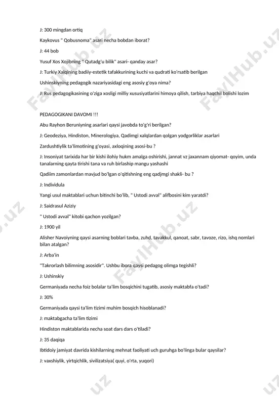 oze, rizo, ishq nomlari bilan atalgan? j: arba'in "takrorlash bilimning asosidir". ushbu ibora qaysi pedagog olimga tegishli? j: ushinskiy germaniyada necha foiz bolalar ta'lim bosqichini tugatib, asosiy maktabfa o'tadi? j: 30% germaniyada qaysi ta'lim tizimi muhim bosqich hisoblanadi? j: maktabgacha ta'lim tizimi hindiston maktablarida necha soat dars dars o'tiladi? j: 35 daqiqa ibtidoiy jamiyat davrida kishilarning mehnat faoliyati uch guruhga bo'linga bular qaysilar? j: vaxshiylik, yirtqichlik, sivilizatsiya( quyi, o'rta, yuqori) pedagogika faninig obyekti qaysi qatorda togri korsatilgan? j: jamiyatning maqsadli faoliyati jarayonida inson shaxsning rivojlanganligini belgilovchi voqeylik hodisasidir germaniya talim tizimi qanday bosqichlarni o'z ichiga oladi? j: boshlang'ich- ( primesture) o'rta - ( sekundarstufe i) yuqori - ( sekundarstufeii) al-xorazmiy bilishni qaysi usuliga asos soldi? j: sinov, kuzatish, sinov usullari "men farzand tarbiyasida davlatni boshqarishdan kora chuqurroq mushohada undan ham chuqurroq donishmandlik kerakligiga ishonvh hosil qildim"- degan ibora muallifi kim? j: amir temur ta'lim tarbiya jarayonini yahlitlikda o'rganadigan fan sohasi …
