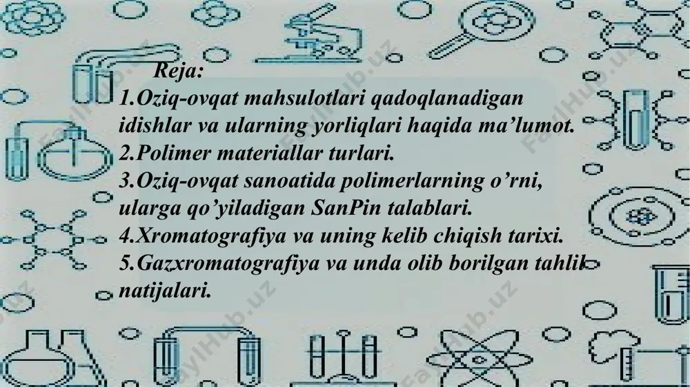 tegib turuvchi qadoqlar hamda yopish vositalarining qaysi xom ashyodan tayyorlanganligini anglatuvchi harflar va sonli kodlari xom ashyo nomi harfli ifoda (abbreviatura) sonli kod plastmassa, boshqa turdagi plastmassa pet, ps, pvc, pp,o 1-7, 8-19 qog’oz-karton, boshqa turdagi pap 20-22, 23-39 daraxt va taxta, boshqa for 50-51, 52-59 yengil sanoat, erkin sonlar tex 62-69 shisha, boshqa turdagi shisha gl 70-79 aralashgan c, masalan c/pap 80-99 маҳсулот номи назорат кўрсаткичлари кимёвий моддаларнинг рухсат етилган миграция миқдори,мг/л кимёвий моддаларнинг максимал рухсат етилган консентрация си,сувда, мг/л ҳавфлилик синфи кимёвий моддаларнинг рухсат етилган миграция миқдоримг/м3 ҳавода ҳавфлилик синфи i. полимер материаллар ва улар асосида пластик материаллар** 1. полиэтилен (пэвд, пэнд), полипропилен, сополимер пропилен билан этилен, полибутилен, полиизобути лен, полиолефин асосли турли матариаллар. формальдегид 0,100 – 2 0,003 2 ацетальдегид – 0,200 4 0,010 3 этилацетат 0,100 – 2 0,100 4 гексан 0,100 – 4 – – гептан 0,100 – 4 – – гексен – – – …