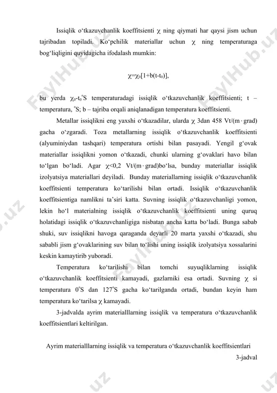 ya’ni grad t(0. ixtiyoriy sirtdan vaqt birligi ichida o‘tadigan issiqlik miqdori q issiqlik oqimi deyiladi. issiqlik oqimining vektori doimo temperaturaning pasayish tomoniga yo‘nalgan bo‘ladi. frantsuz olimi fure qattiq jismlardagi issiqlik o‘tkazuvchanlik jarayonlarini o‘rganib, yuza birligi df dan vaqt birligi d( ichida o‘tayotgan dq issiqlik miqdori va temperatura gradienti o‘rtasidagi bog‘lanishni aniqladi. dq= -(df grad t d(= -(df d(((t/(n) (5) (5) tenglama issiqlik o‘tkazuvchanlikning asosiy qonunini ifodalaydi va fure qonuni deyiladi. shu tenglamadagi minus ishora issiqlik oqimi bilan temperatura gradientining vektorlari qarama-qarshi tomonga yo‘nalganligini bildiradi. (5) ifodadagi proportsionallik koeffitsienti ( issiqlik o‘tkazuvchanlik koeffitsenti deyiladi. izotermik sirt birligidan vaqt birligi ichida o‘tadigan issiqlik miqdori issiqlik oqimining zichligi deyiladi. q= -dq/(dfd() yoki q= -( ((t/(n) (6) issiqlik oqimi zichligi q ning vektori doimo temperaturaning pasayishi tomoniga yo‘nalgan bo‘ladi. ixtiyoriy sirt f dan vaqt birligi ichida o‘tayotgan issiqlik miqdori quyidagicha aniqlanadi: . (7) yuqorida o‘rganilgan kattaliklarni birliklari quyidagicha: temperatura gradienti – grad/m; issiqlik oqimi …