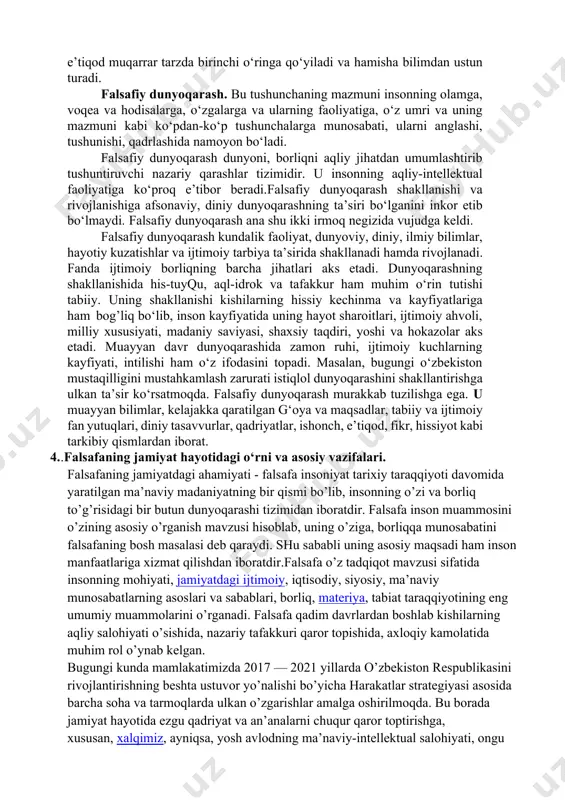 a narsa va hodisalar birbirining ishtirokchisi sifatida tasvirlanadi. buning natijasida bir xil buyumlarning sifatlarini ikkinchi xil buyumlarga bemalol ko‘chirish mumkin bo‘ladi. mifologik dunyoqarashda tabiat kuchlari alohida jonli vujudlar ko‘rinishida jonlantirib tasvirlanadi.mifologiyada bir xil narsalarning xossalari ikkinchi xil narsalarga bemalol ko‘chirilgangligi sababli, u xayolotga keng yo‘l ochib beradi.unda tasvirlangan obrazlar har qanday o‘zgarishlar qilishi va jasoratlar ko‘rsatishi mumkin. har bir xalqda o‘zining tarixiy o‘tmishiga oid juda ko‘p rivoyatlar va afsonalar mavjud. ularda bu xalqning ijtimoiy hayoti, turmush va tafakkur tarzlari, ijtimoiy, iqtisodiy, siyosiy va madaniy-ma’naviy munosabatlari xayoliy tarzda aks ettiriladi, ular afsonaviy qahramonlar qiyofasida yovuz kuchlarga qarshi kurash olib boradilar.bunday rivoyatlar va afsonalar dastlabki paytlarda xalq og‘zaki ijodi namunalarida, keyinchalik yozuvning paydo bo‘lishi bilan taraqqiy etgan xalqlarda o‘ziga xos adabiy-badiiy asarlarda o‘z ifodasini topadi. diniy dunyoqarash dunyoqarashning tarixan ikkinchi shakli dindir («din» so‘zi arabchadan tarjimada «e’tiqod», «ishonch», «ishonmoq» degan ma’nolarni anglatadi). mif kabi, din zamirida ham e’tiqod, tuyg‘ular va emotsiyalar yotadi. …