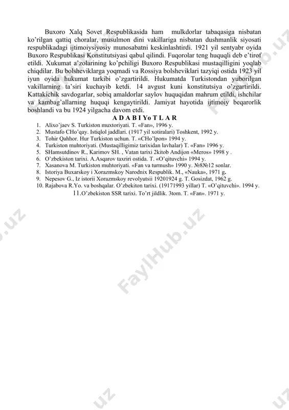 staqil davlat qurish yo’lidagi intilishi fojeali yakun topdi. 1920 yil 20 yanvardagi xiva qizil armiya qo’shinlari tomonidan ishg’ol qilinib junaidxon hokimiyati ag’darib tashlandi. 2 fevralda said abdulla taxtdan voz kechdi va hokimiyatni muvaqqat inqilobiy hukumatga topshirdi. 1920 yil 26 aprel kuni chaqirilgan xalq vakillarining butun xorazm i qurultoyi uning konstitutsiyasini qabul qildi. qurultoy respublika hukumatinixalq nozirlar sovetini tuzdi. uning raisi etib yosh xivaliklar yetakchilaridan biri – polvonniyoz yusupov, o’rinbosarlari etib saylandilar. nozirlar lavozimiga esa kommunistlar bilan birgalikda yosh xivaliklarning vakillari va turkman urug’ boshliqlari tayinlandi. buxoroda esa amir hokimiyati 1920 yil 2 sentyabrda ag’darildi. 14 sentyabrda umumbuxoro inqilob komiteti va respublika hukumatixalq nozirlari soveti tuzildi. uning raisi etib fayzulla xo’jaev tayinlandi. umumbuxoro inqilobkomiteti va hukumat asosan kommunistlardan tuzilgan edi. 1920 yil 68 oktyabr kunlari bo’lib o’tgan xalq vakillarining 1umumbuxoro qurultoyi buxoroni xalq sovet respublikasi deb e’lon qilindi. xorazm va buxoro xalq respublikalari yangi tipdagi davlatlar edi. ularning siyosiy tizimi birbiriga …