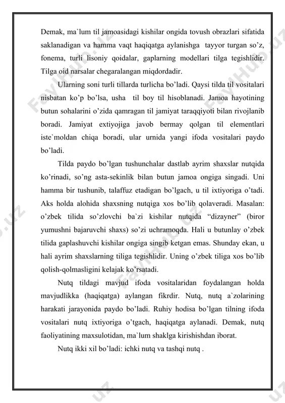 arsalarni ma`lum vaqt bo’lagida bir- biriga qo’shadi, harakatga keltiradi. nutq so’z shakllari, erkin birikmalar, so’z tartibi va gaplardan tashkil topadi. nutq jarayoni tugab, fikr tinglovchiga etib borgach, nutq ham tugaydi. demak, so’z shakllari, erkin so’z birikmalari, so’z tartibi, gapning turli ko’rinishlari nutqnikidir. tildagi ifoda vositalari chegaralangan bo’lishiga qaramasdan nutq cheksizdir. til vositalari nutq ixtiyoriga o’tgach, ulardan cheksiz miqdorda gaplar tuzish mumkin. nutq jamoadagi yolg’iz kishi tomonidan yaratiladi va alohida shaxs va kishilarga qaratilgan bo’ladi. demak, nutq ijtimoiy hodisadir. u jamoadagi kishilarni birlashtirish, ma`lum maqsad sari yo’naltirish imkoniyatiga ega. jamiyat taraqqiyotida nutq belgilovchi o’rin tutadi. til madaniyati va nutq madaniyati. til madaniyati deyilganda ana shu tildagi ifoda vositalarining ongli aralashish natijasida hamma tushunadigan va qo’llay oladigan darajaga keltirilganligi, ma`lum davr uchun mosligi, ishlatilish qonun va qoidalari, me`yorlarining qay darajada aniq va mukammal ishlanganligi, sayqal topganligi tushuniladi. boshqacha aytganda, til madaniyati deganda, til birliklari va ular imkoniyatlari taraqqiyotining, ular o’rtasidagi munosabatlar hamda …