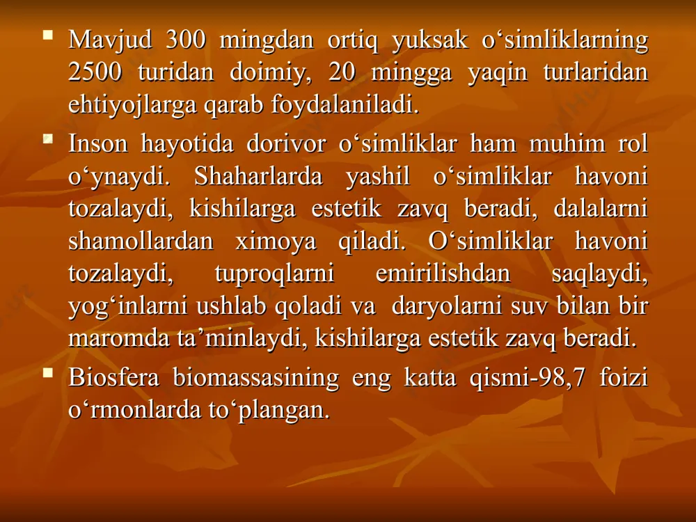 za qilish, tog' o'rmon qo'riqxonasi. maydoni 12 218 ga chotqol tizmasida uchraydigan qo'ng'ir ayiqlar nuroto davlat qo'riqxonasi nuroto davlat qo'riqxonasi. navoiy viloyatida joylashgan. 1973 yil tashkil qilingan. tog' o'rmon va tog' hayvonlarini muxofaza qilish maskani xisoblanib, maydoni 21137, 5 ga zarafshon davlat qo'riqxonasi zarafshon davlat qo'riqxonasi samarqand viloyatida joylashgan bo'lib maydoni 2352 ga. 1975 yil tashkil qilingan. tog' va to'qayzorli xududni o'z ichiga oladi kitob davlat qo'riqxonasi qashqadaryo viloyatida joylashgan. geologik, poleontalogik-stratigrafik tadqiqotlarni o'rganish qo'riqxonasi bo'lib, 1978 yil tashkil qilingan maydoni 5378 ga. xisor davlat qo'riqxonasi surxandaryo viloyatida joylashgan. maydoni 80 986 ga. tabiiy kompleksni o'rganish qo'riqxonasi 1983 yil tashkil qilingan. xisor tog'larida qor barsi surxon davlat qo'riqxonasi to'qay qo'riqxonasi bo'lib surxandaryo viloyatida joylashgan. amudaryo qirg'oqlari va to'qayzorlar tog' o'rmonlarini o'z ichiga oladi. 1986 yil tashkil qilingan. maydoni 23 802 ga qizil –qum davlat qo'riqxonasi buxoro va xorazim viloyatlarida joylashgan. maydoni 10 311 ga. 1971 yil tashkil qilingan. cho'l qo'riqxonasi …