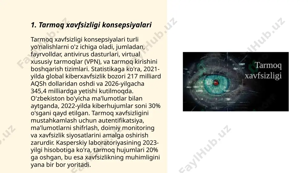 n, cross-site scripting (xss) kabi zaifliklarni sanab o'tgan. bunday zaifliklar orqali hakerlar ma'lumotlarni o'g'irlash yoki tizimga kirishga urinadi. zero, dasturiy ta'minotni muntazam yangilab turmaslik zaifliklarning paydo bo'lishiga sabab bo'lishi mumkin. o'z navbatida, zaifliklarni vaqtida aniqlash va bartaraf etish muhimdir, chunki bu tizim xavfsizligini oshiradi. ... t.me/slaydai_bot xavfsiz axborot uzatish texnologiyalari axborotni ishonchli va himoyalangan tarzda uzatishni ta'minlaydi. asosiy texnologiyalar qatoriga kriptografiya, vpn (virtual private network) va ssl/tls (secure sockets layer / transport layer security) protokollari kiradi. kriptografiya aloqani shifrlaydi, bu esa axborotning maxfiyligini saqlaydi. vpn internet foydalanuvchilariga anonimlik va himoya ta'minlaydi, ularning ip-manzillarini yashiradi. ssl/tls esa veb-saytlar bilan xavfsiz bog'lanishni ta'minlaydi, har kuni milliardlab bog'lanishda qo'llaniladi. 2020-yilda kiberhujumlar soni yildan yilga o'sib, 4 milliarddan ortiq yozuvlarning o'g'irlanishiga sabab bo'lgan. shu sababli xavfsiz axborot uzatish texnologiyalari muhim ahamiyatga ega. ... t.me/slaydai_bot 7. kriptografiya asoslari va ma'lumotlarni himoyalash kriptografiya asoslari ma'lumotlarni himoyalash uchun matematik usullarni qo'llaydi. simmetrik kriptografiyada shifrlash va deshifrlash uchun …