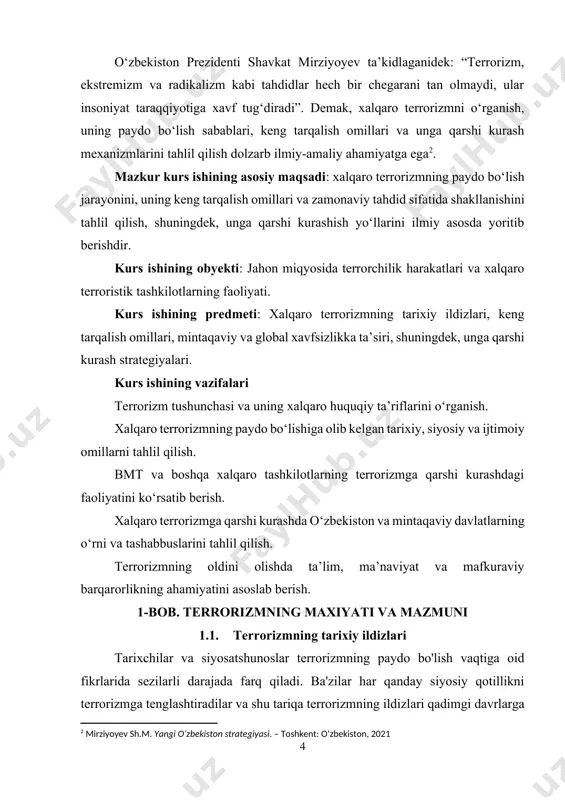 tarixi. - 2012 yil] sikariylar g'ayrioddiy taktikani qo'llashdi: ular olomonning zichligi va siqilishidan foydalanib, kunduzi dushmanga hujum qilishdi [footnoteref:5]. [5: davydova e. terrorizm: kelib chiqishi va evolyutsiyasi, maqsadlari va vositalari . - 2000 ] ularning asosiy qotil quroli - xanjar yoki kalta qilich - qotillar odatda plashlari ostida olib yurishgan. klassik qaroqchining qiyofasi kichik, ammo tez va engil qurol bilan va bu qurol ko'rinmaydigan kiyimlarda shunday paydo bo'ldi. oxirgi sikariy milodiy 73 yilda uch yillik qamal tufayli o'z joniga qasd qildi. 2. o'rta asrlarda terrorizm. o'rta asrlarda terrorizm jahon tarixidagi quddusdagi muqaddas kosa uchun buyuk salib yurishi kabi voqea bilan bog'liq. salibchilarga qarshi faol kurashgan odamlarni qotillar deb atashgan. boshqalardan o'ziga xos xususiyati yashirin urush san'ati, sabotaj va bugungi kunda ham mashhur bo'lgan boshqa usullarning rivojlanishi edi. ular astsetik hayot tarzini olib borishdi va yangi dunyo tartibining paydo bo'lishiga ishonishdi. ularning o'sha paytdagi rahbari hasan ibn sabboh bo'lib, uning boshchiligida …
