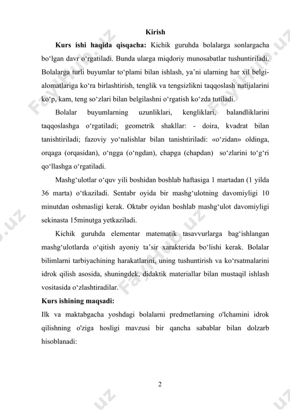 h, ular uchun muhim bir ko'nikma bo'lib, bu ularning kognitiv rivojlanishida asosiy rol o'ynaydi. 2. **ta'lim metodologiyasi**: bolalar uchun o'lchamlarni o'rganish, matematik asoslarni o'zlashtirish va mantiqiy fikrlash qobiliyatini shakllantirish uchun muhimdir. ta'lim jarayonida yangi pedagogik strategiyalar va faoliyatlarni ishlab chiqish zarurati bor. 3. **amaliyot va nazariya**: o'lchamlarni idrok qilish jarayoni, amaliy mashg'ulotlar orqali yanada kuchaytirilishi mumkin. bu jarayonni o'rganish, o'qituvchilar va tarbiyachilar uchun zamonaviy metodlarni yaratishga yordam beradi. 4. **emotsional va ijtimoiy rivojlanish**: o'lchamlarni anglash bolalarning emotsional va ijtimoiy rivojlanishiga ham ijobiy ta'sir ko'rsatadi. masalan, o'lchovlar orqali bolalar bir-birlari bilan hamkorlik qilish, muammolarni hal qilish va qarorlar qabul qilishni o'rganadilar. 5. **kechiktirilgan rivojlanish**: ba'zi bolalarda o'lchovlarni idrok qilishda muammolar bo'lishi mumkin. ushbu mavzu orqali ularni aniqlash va yordam berish imkoniyatlari o'rganiladi. ushbu jihatlar mavzuning dolzarbligini oshiradi va uning tadqiqotini yanada muhim qiladi. bu, nafaqat bolalarning ta'lim jarayoniga, balki ularning umumiy rivojlanishiga ham ijobiy ta'sir ko'rsatadi. kurs ishining maqsadi: ilk va …