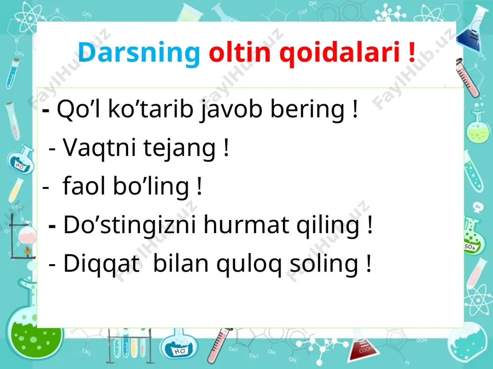 tuz- salt kislota - asid asos- base ishqor-alkali oksid-oxsid ta’sir ettirish – to react hosil qilmoq – to heat qo’shish – to add dam olish daqiqasi. qiziqarli savollar 1.buyuk kimyogarni o’ldirib ketishdi. kimyogar yonidan shu 28 27 57 raqamlar yozilgan qog’oz topildi. bu qog’ozni ko’rib detektiv gumondor shaxslardan qaysi birini hibsga oldi. 2. ingliz fermerlari sigirlarga ko’proq tuz berish samarali ekanligini ta’kidlashadi. buning siri nimada? 3. siz bilasizki barcha taomlarga tuz solinadi. lekin shunday taom borki unga tuz ishlatilmaydi. u qaysi taom? yangi mavzuni mustahkamlash. sherigini top zn + 2hc1 caco3 → zncl2 + h2↑. ba(no3)2 + h2so4 cao + co2↑. hg(no3)2 + cu cu(no3)2 + hg. baso4↓+ 2hno3. . zn + 2hc1 zncl2 + h2↑. ba(no3)2 + h2so4 cu(no3)2 + hg. . zn + 2hc1 cu(no3)2 + hg. ba(no3)2 + h2so4 zncl2 + h2↑. pisa testi 1. marmar, ohaktosh sifatida qurilishda ishlatiladigan tuz. qurilish binolarini bezash maqsadida marmardan eng …