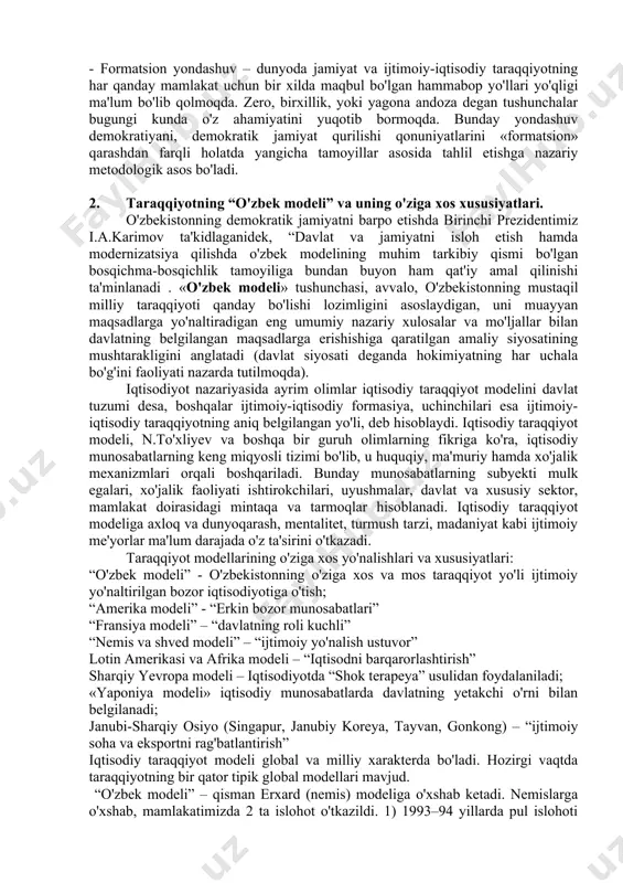 sharti, barcha islohotlarimizning mezoni va nihoyat, barcha amal qiladigan bosh tamoyil deb ta'rifladi. shunday yekan, u jamiyat a'zolari oldiga muttasil yangi-yangi vazifalarni qo'yadi va uning bajarilishini talab qiladi. zero, taraqqiyotning har bir bosqichi, turli-tuman muammolar va ularni bartaraf yetish yo'lidagi tadbirlardan iboratdir. xalqaro hamjamiyat katta va kichik millatlar, davlatlar tajribasi shuni ko'rsatmoqdaki, mustaqillikning ilk asnolarida vujudga kelgan muammolar yechimida sustkashlikka yo'l qo'yish og'ir ijtimoiy larzalarga olib kelishi mumkin. zotan, har qanday yechilmagan muammo yana boshqa qator xavf-xatarlarni keltirib chiqarib, davlat taraqqiyotining ancha murakkablashishiga olib keladi. demak, mamlakat taqdiri uchun mas'ullikni o'z zimmasiga olgan hokimiyat tuzilmasi bu borada bir nafas ham beg'amlikka yo'l qo'ya olmaydi, doimo uyg'oq va harakatda bo'ladi. darhaqiqat, mustaqillik bir tomondan milliy taraqqiyot yo'lini erkin tanlashda ulkan mas'uliyat yuklasa, ikkinchi tomondan eskilikka barham berish va yangi jamiyatga asos yaratish uchun beqiyos imkoniyat yaratadi. shu nuqtai nazardan, mustaqillikni demokratiya uchun eng zarur shart-sharoit deb hisoblasak bo'ladi. o'tmish, bugun va …