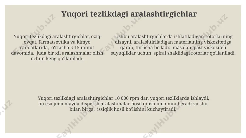 сиятларига боғлиқ бўлиб, одатда 0,5 квт дан 100 квт гача диапазонни ташкил этади. стационар аралаштиргичлар турли хил конструкцияларга эга бўлиб, уларнинг ишчанлик ҳажми 0,1 м³ дан 100 м³ гача ва ундан ҳам кўп бўлиши мумкин, бу эса турли технологик жараёнлар учун мослаштириш имкониятини беради. стационар аралаштиргичлар турли хил конструкцияларга эга бўлиб, уларнинг ишчанлик ҳажми 0,1 м³ дан 100 м³ гача ва ундан ҳам кўп бўлиши мумкин, бу эса турли технологик жараёнлар учун мослаштириш имкониятини беради. mobil aralashtirgichlar ba'zi mobil aralashtirgichlar 1000 litrgacha bo'lgan hajmli idishlarni aralashtirishga qodir bo'lib, aralashtirish jarayonining bir jinsliligiga erishish uchun turli xil aralashtirgich pichoqlari bilan jihozlangan. mobil aralashtirgichlarning quvvati 0,5 dan 5 kvt gacha o'zgarib turadi va ularning ishlash rejimlari, aralashtiriladigan materialning xususiyatlari va kerakli bir jinslilik darajasiga bog'liq ravishda tanlanadi. mobil aralashtirgichlarning samaradorligi, aralashtirish vaqti va tezligiga bog'liq bo'lib, odatda 5-15 minut oralig'ida 50-300 rpm tezlikda ishlaydi. distillatsiya uskunalari дистилляцион ускуналарининг самарадорлиги, тахминан 90% гача, …
